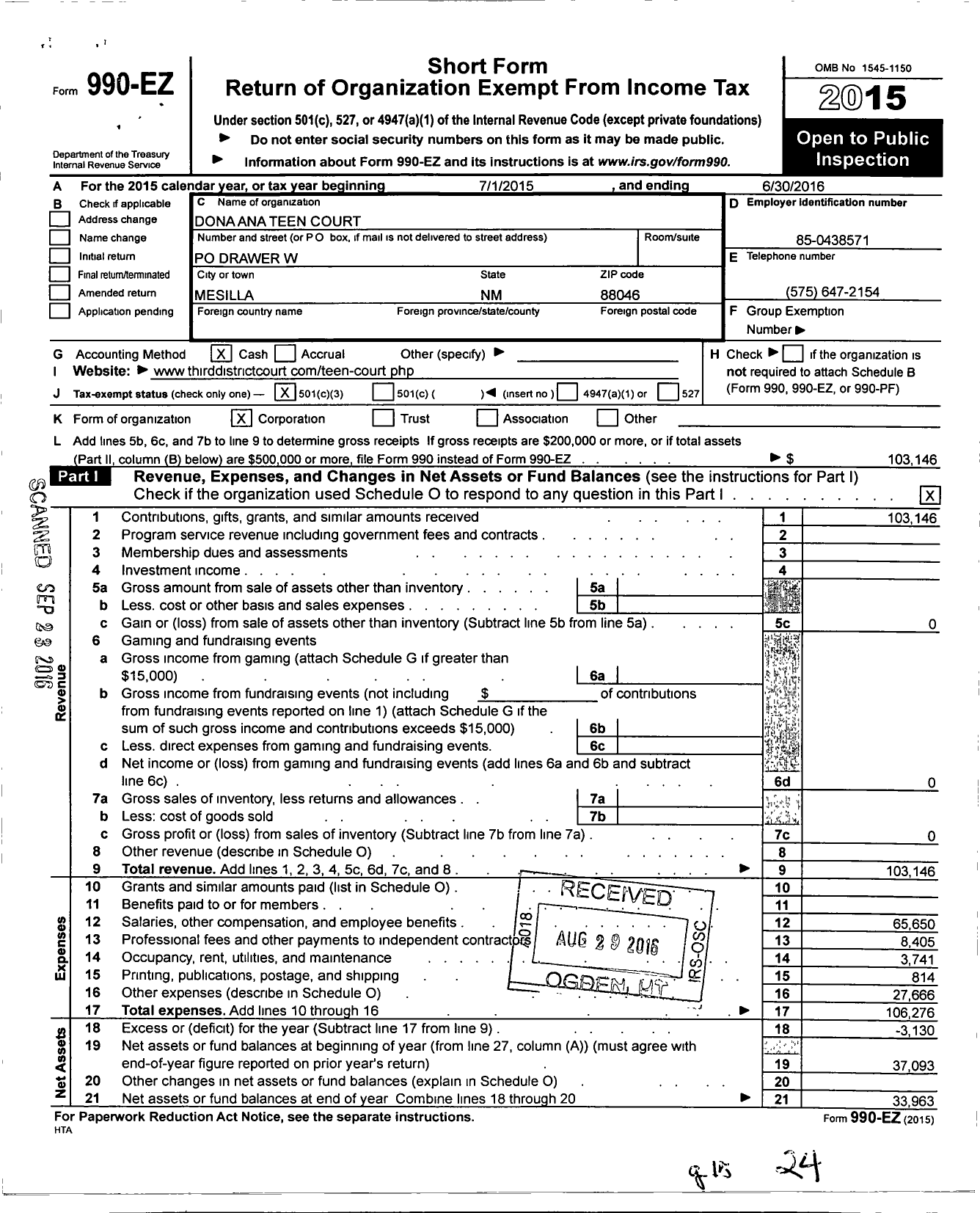 Image of first page of 2015 Form 990EZ for Dona Ana Teen Court