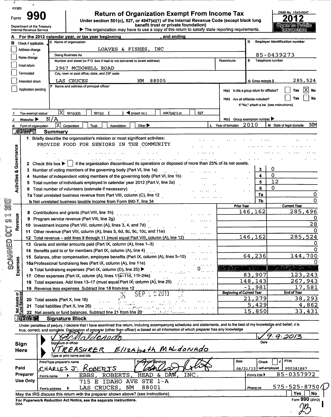 Image of first page of 2012 Form 990 for Loaves and Fishes