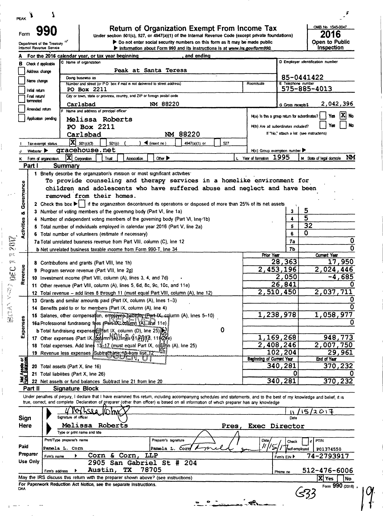 Image of first page of 2016 Form 990 for Peak at Santa Teresa