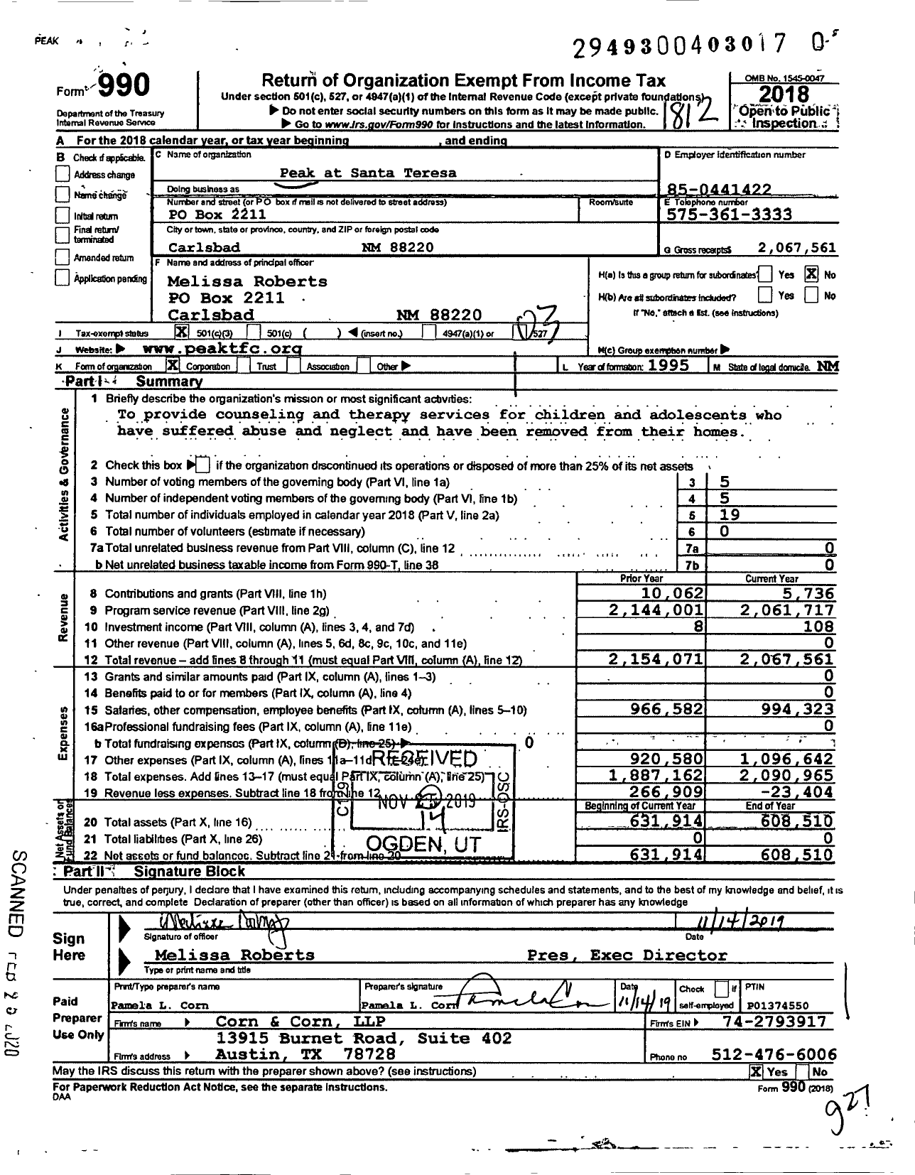 Image of first page of 2018 Form 990 for Peak at Santa Teresa