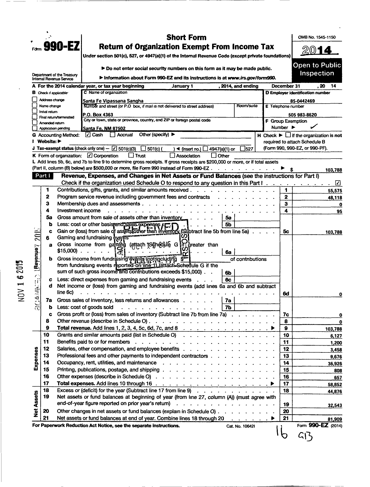 Image of first page of 2014 Form 990EZ for Santa Fe Vipassana Sanga