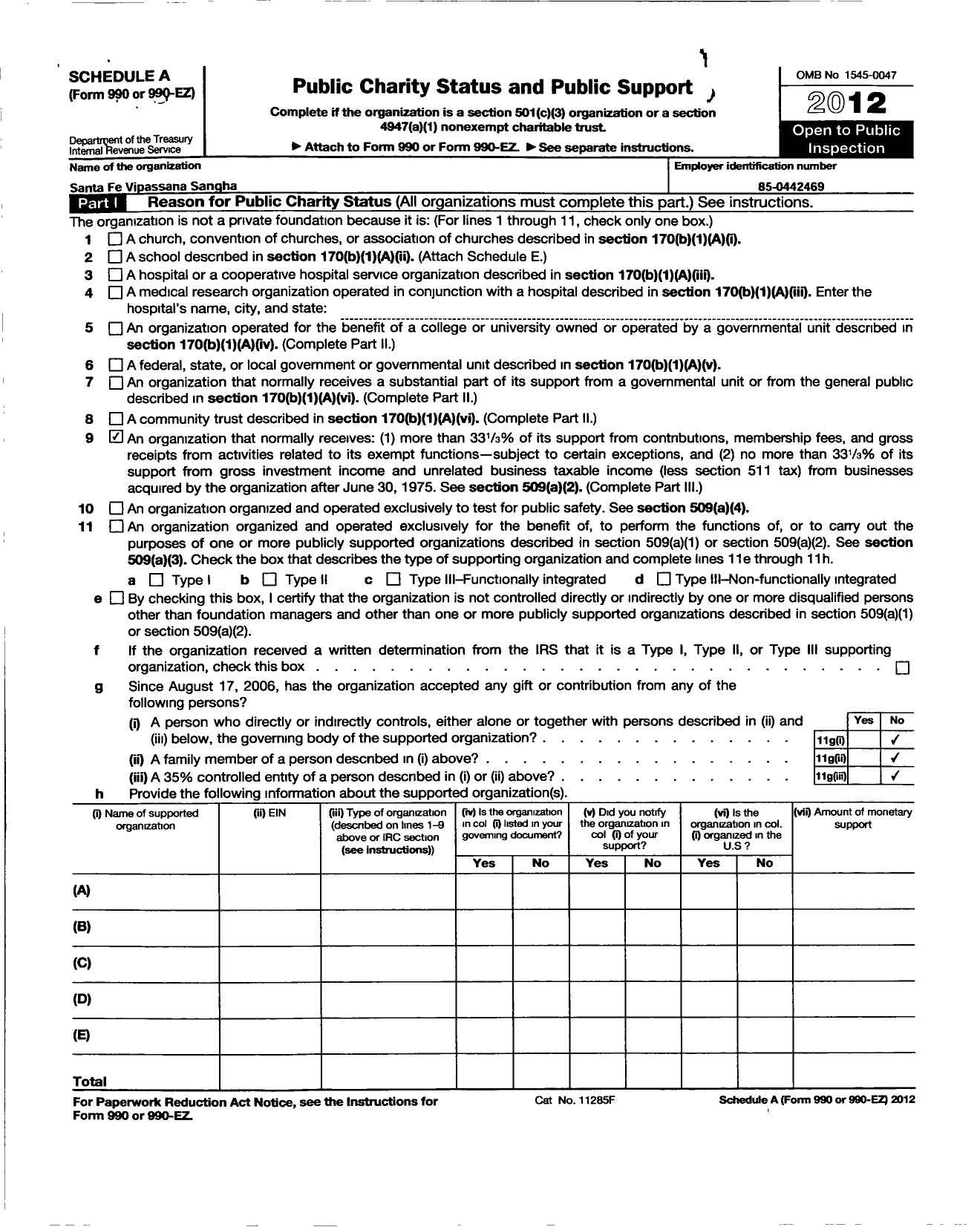 Image of first page of 2012 Form 990ER for Santa Fe Vipassana Sanga