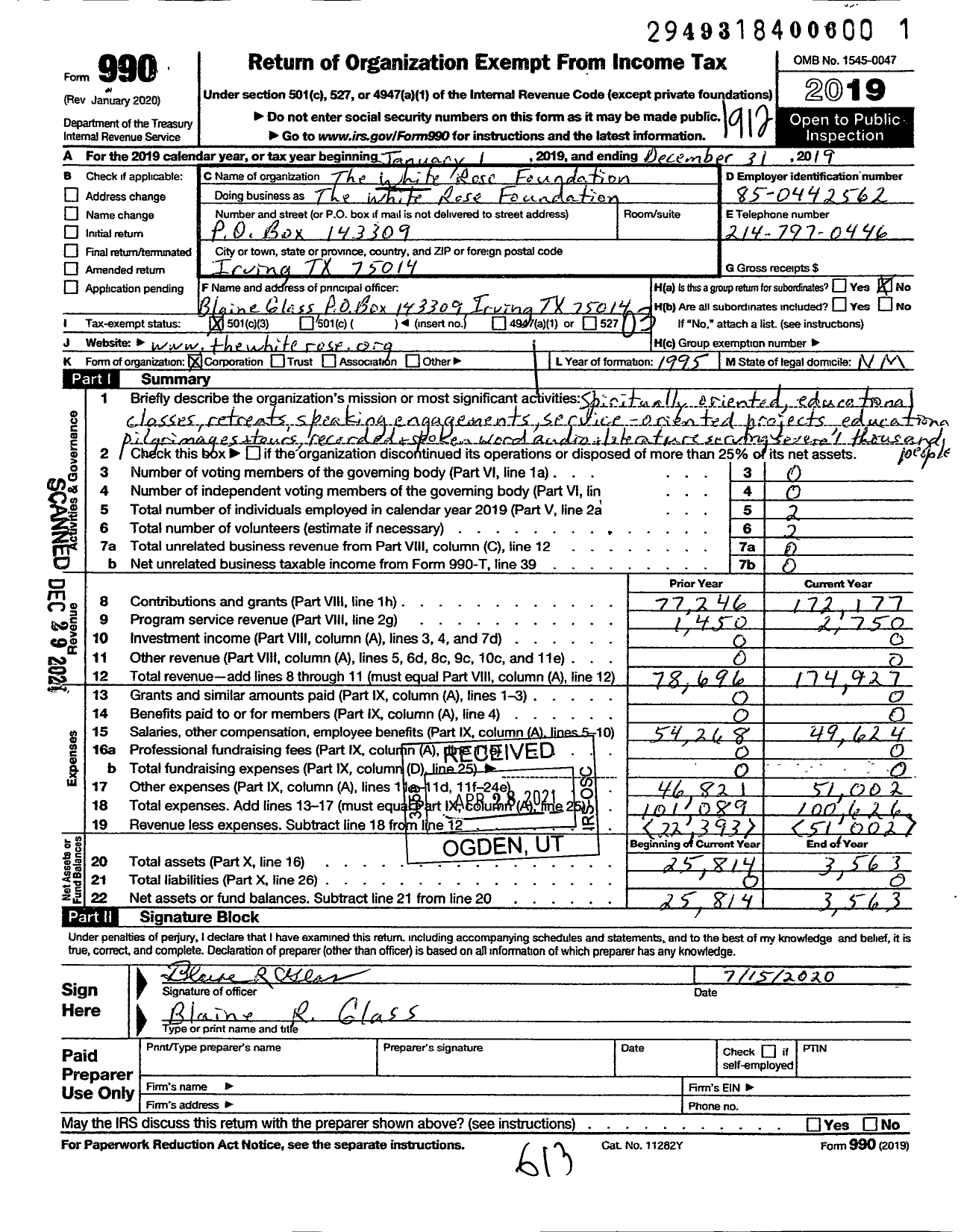 Image of first page of 2019 Form 990 for White Rose Foundation