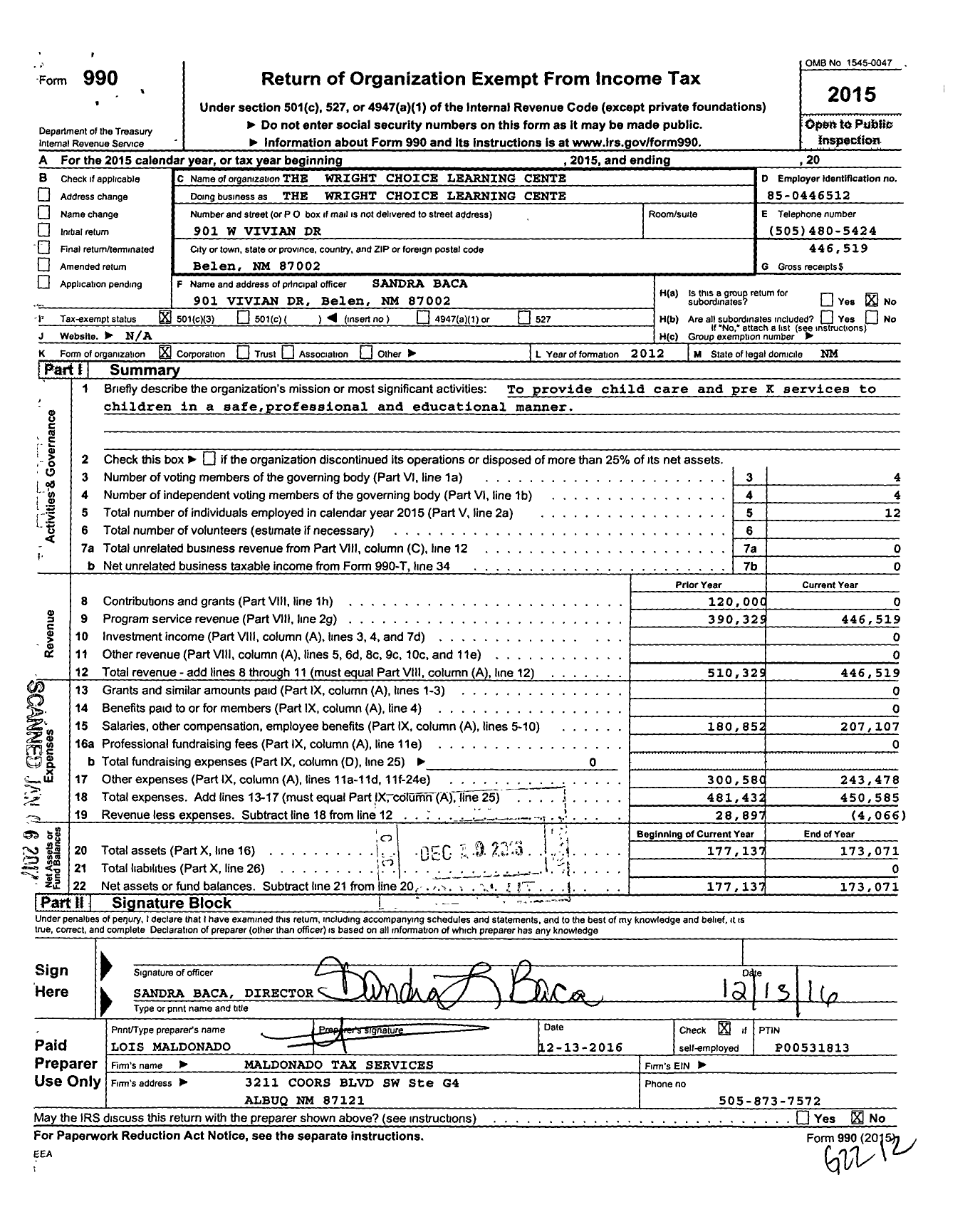 Image of first page of 2015 Form 990 for Wright Choice Learning Cente