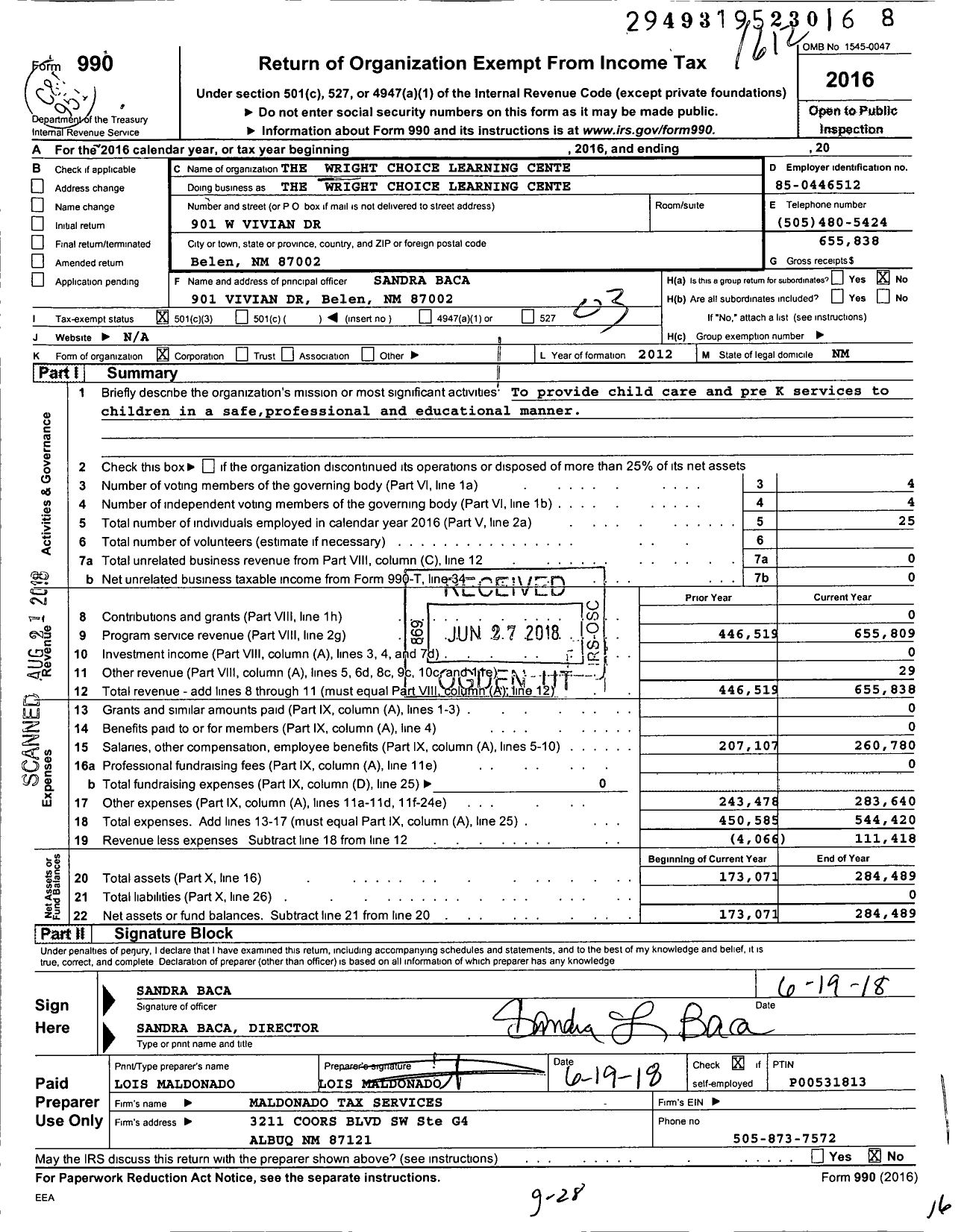 Image of first page of 2016 Form 990 for Wright Choice Learning Cente