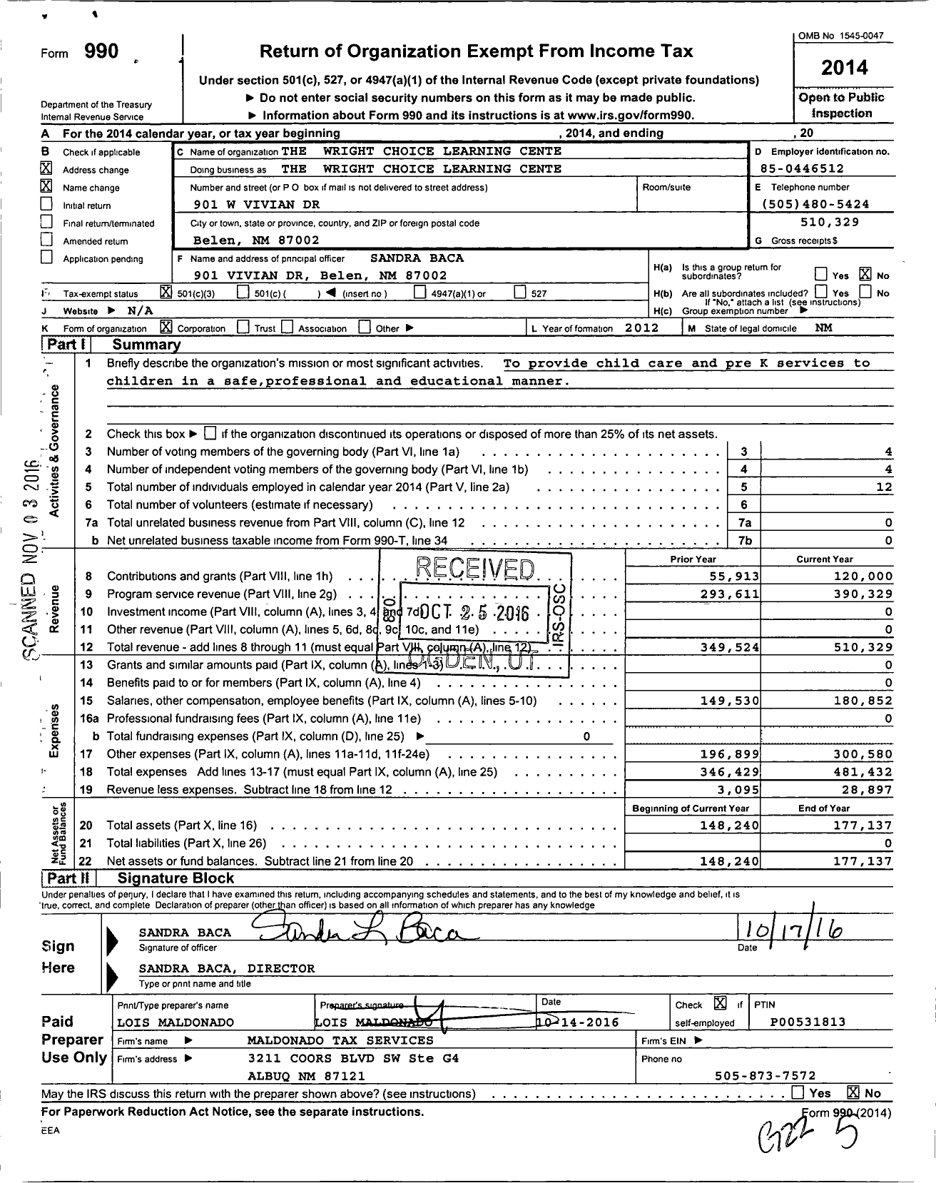 Image of first page of 2014 Form 990 for Wright Choice Learning Cente