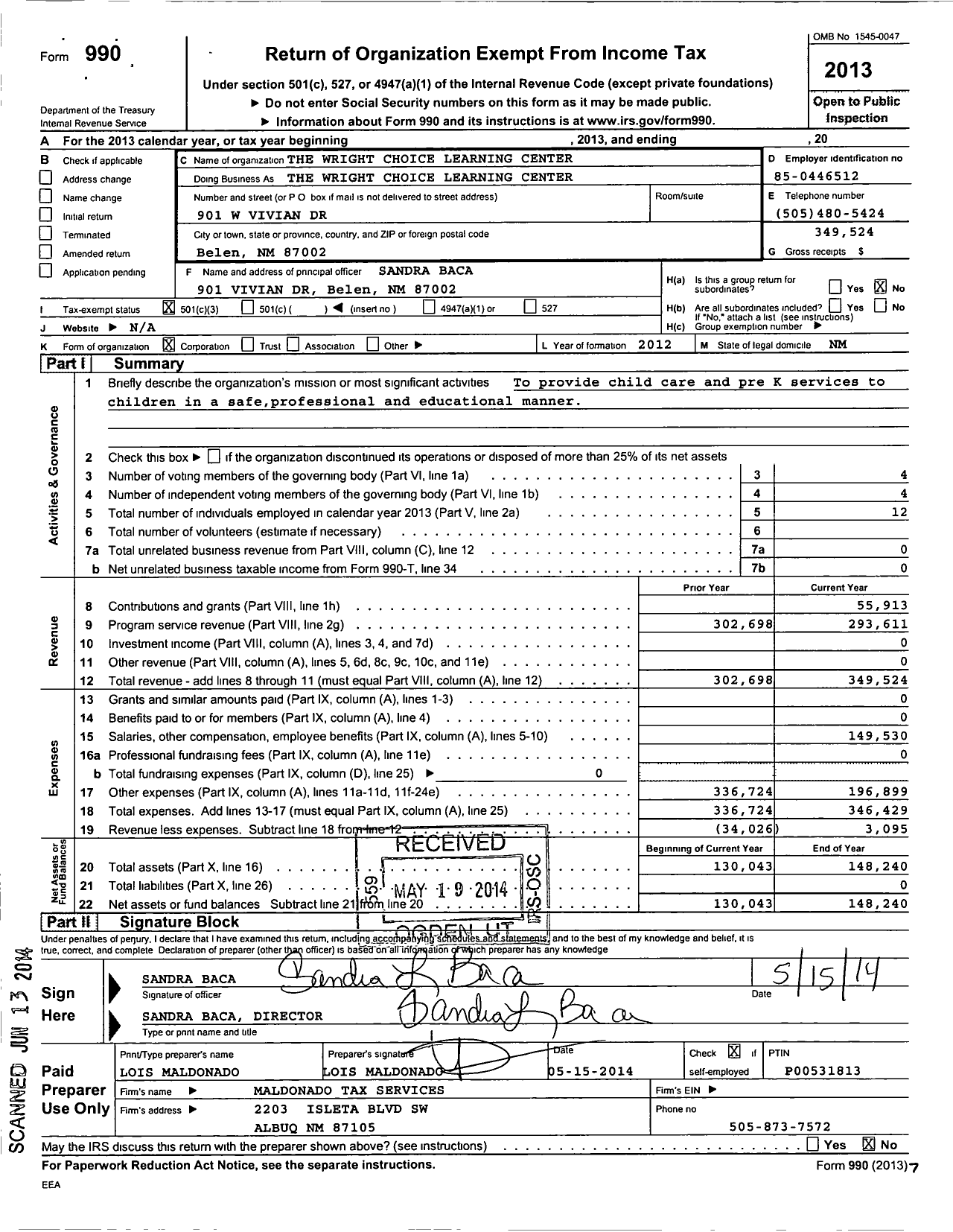 Image of first page of 2013 Form 990 for Wright Choice Learning Cente