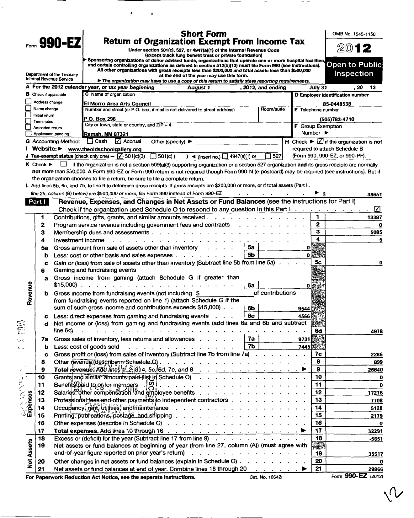 Image of first page of 2012 Form 990EZ for El Morro Area Arts Council