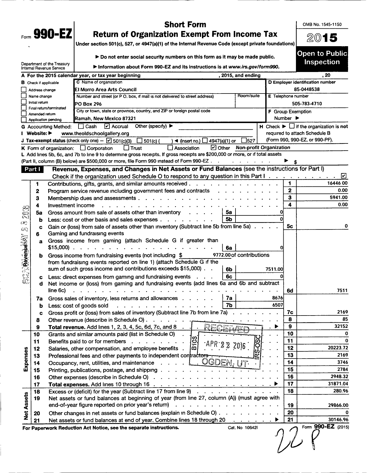 Image of first page of 2015 Form 990EZ for El Morro Area Arts Council