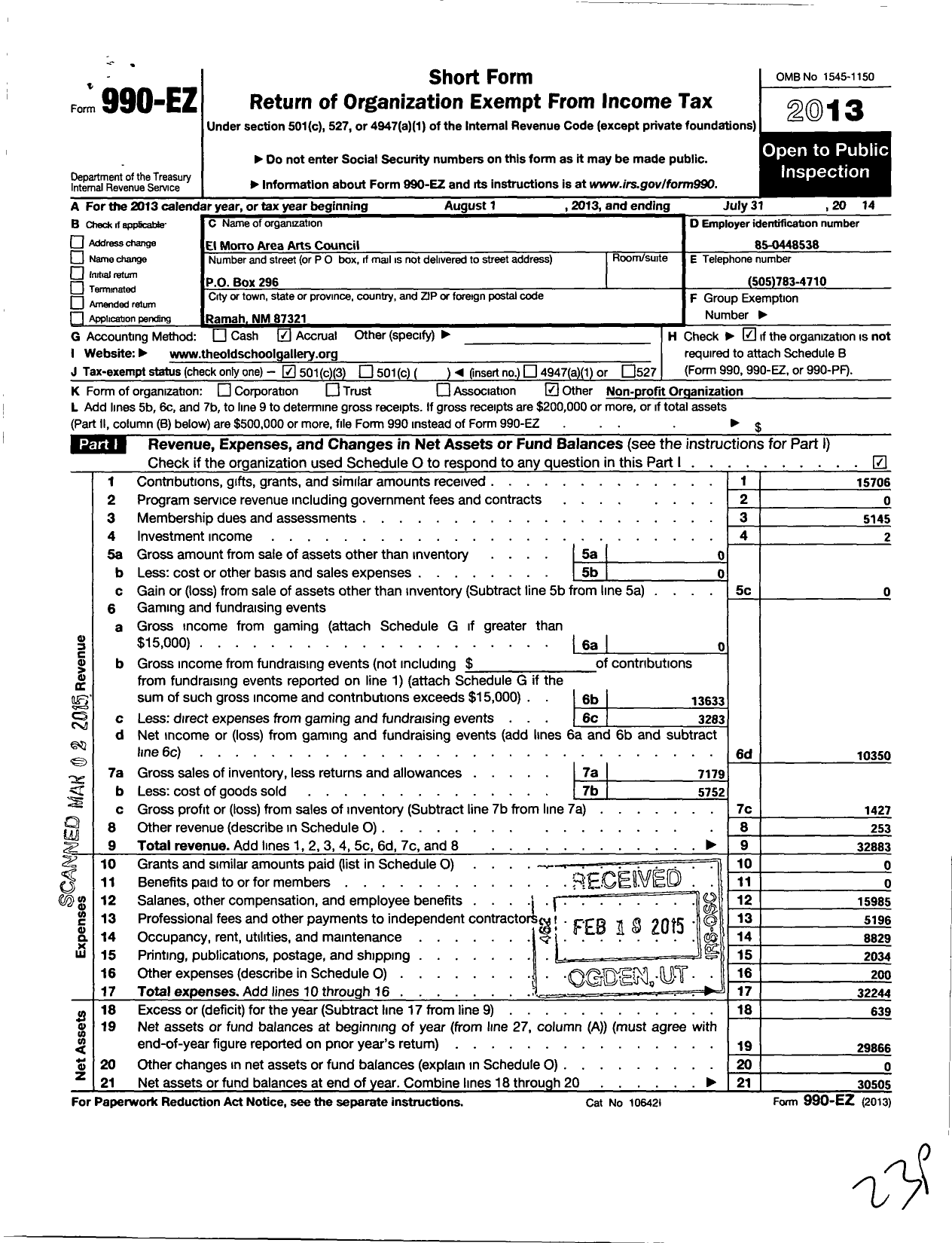 Image of first page of 2013 Form 990EZ for El Morro Area Arts Council