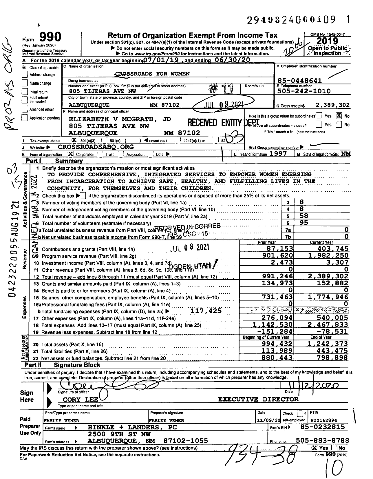 Image of first page of 2019 Form 990 for Crossroads for Women