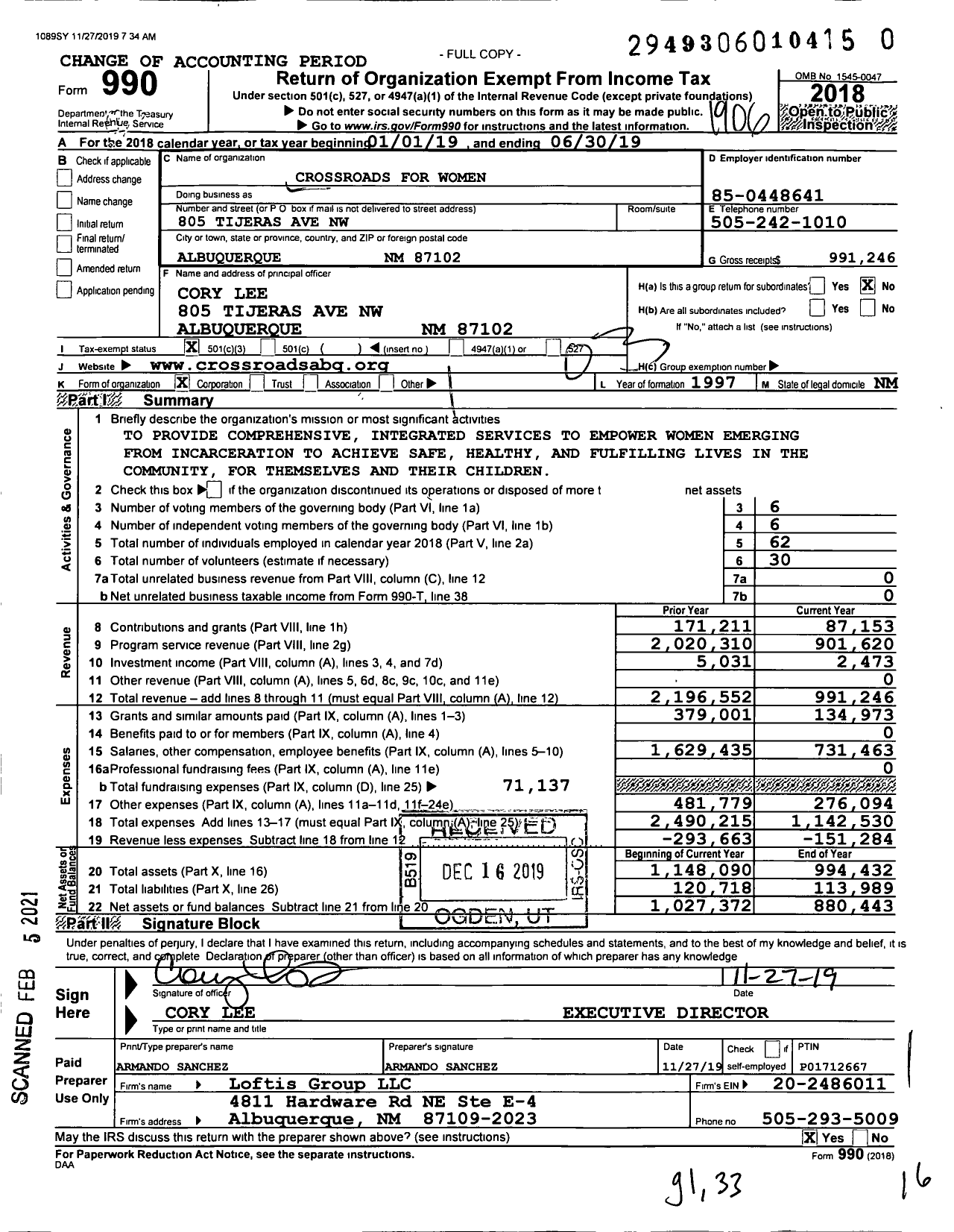 Image of first page of 2018 Form 990 for Crossroads for Women