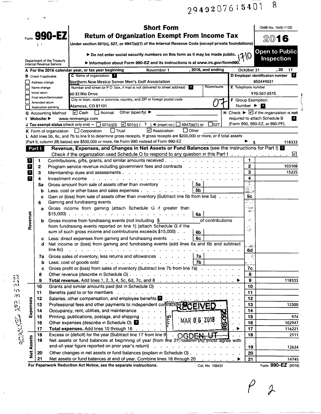 Image of first page of 2016 Form 990EO for Northern New Mexico Senior Mens Golf Association