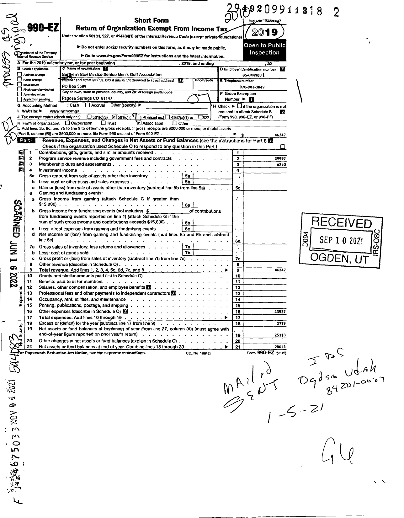 Image of first page of 2019 Form 990EO for Northern New Mexico Senior Mens Golf Association