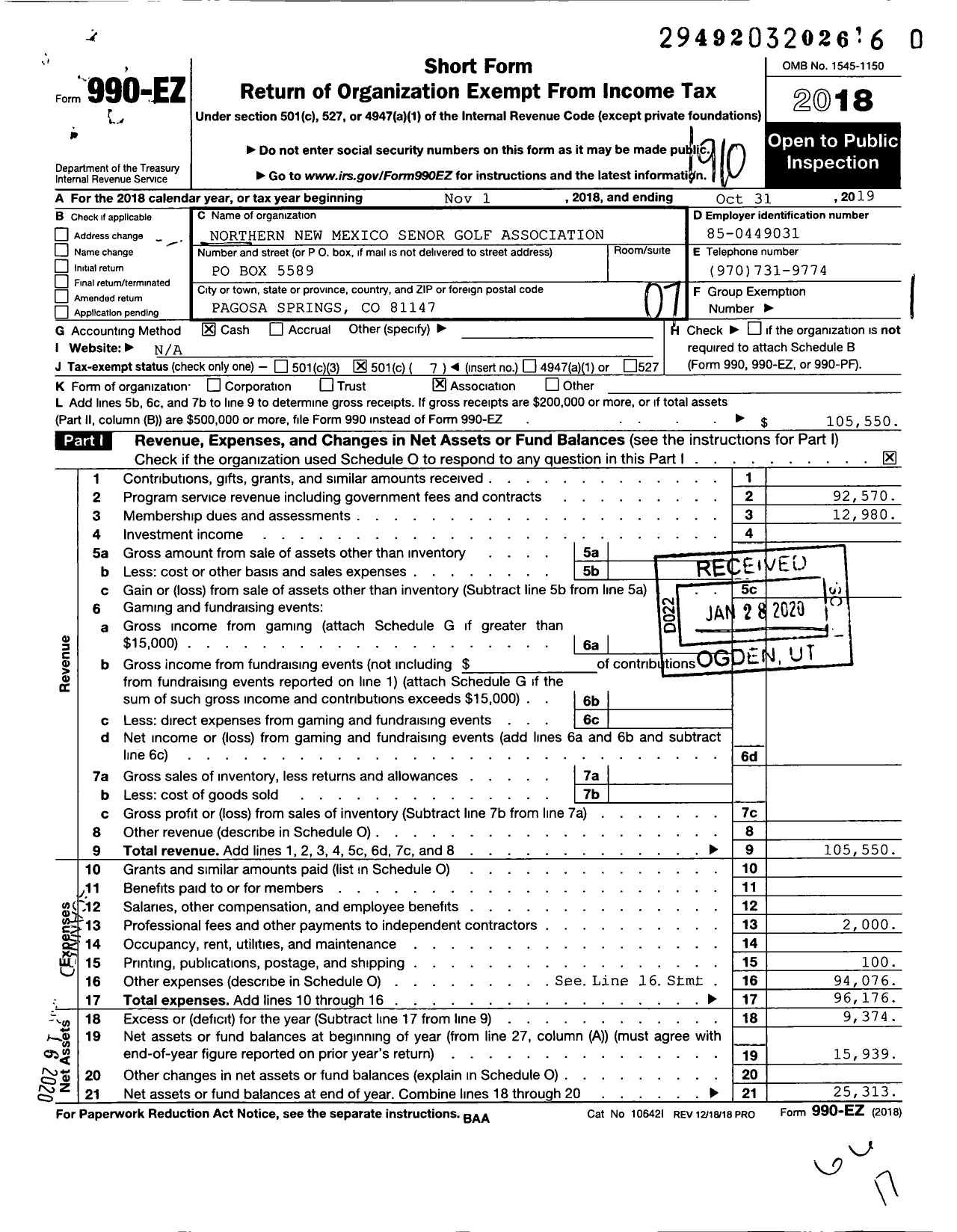 Image of first page of 2018 Form 990EO for Northern New Mexico Senior Mens Golf Association