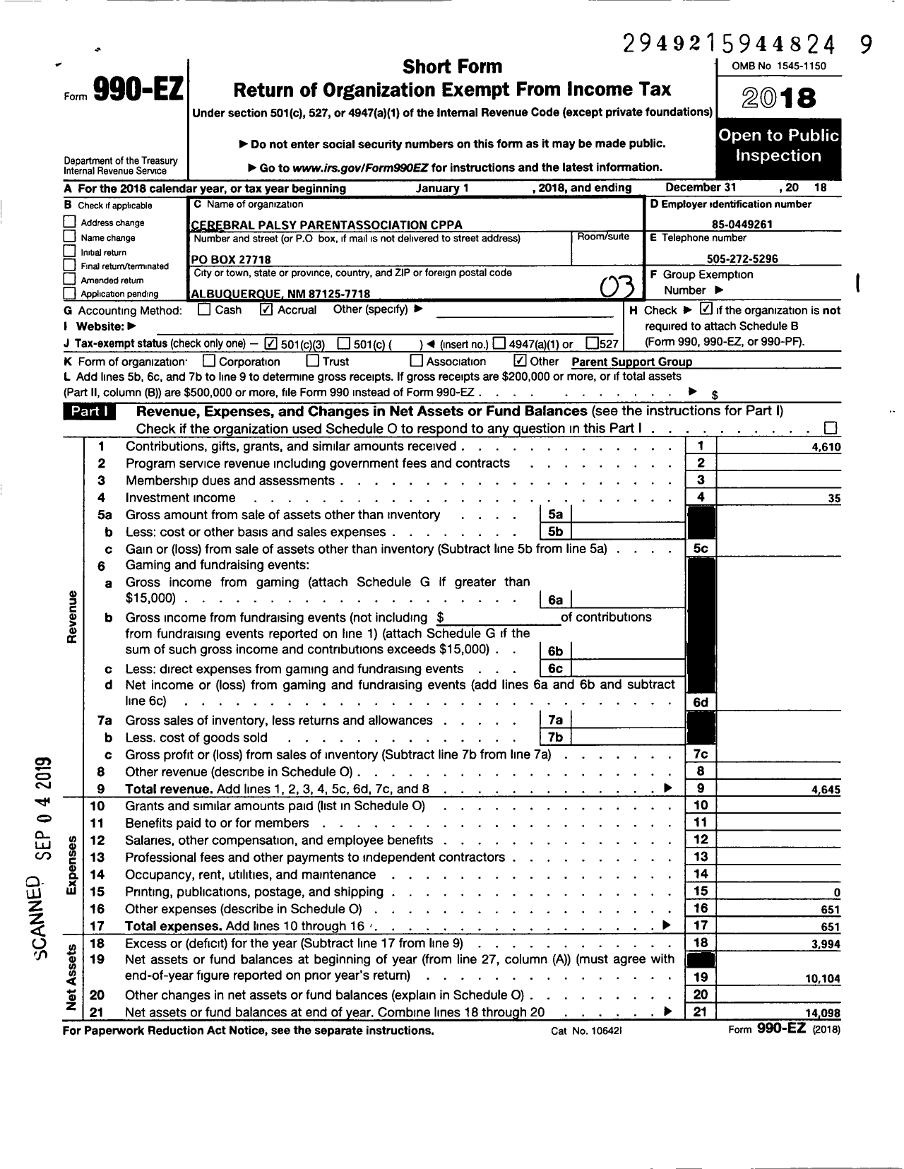 Image of first page of 2018 Form 990EZ for Cerebral Palsy Parent Association (CPPA)