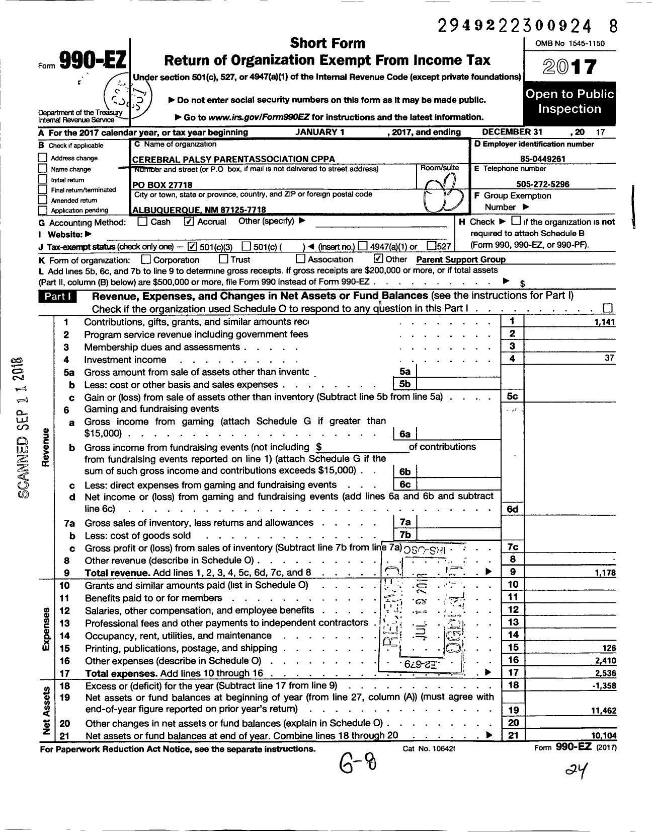 Image of first page of 2017 Form 990EZ for Cerebral Palsy Parent Association (CPPA)