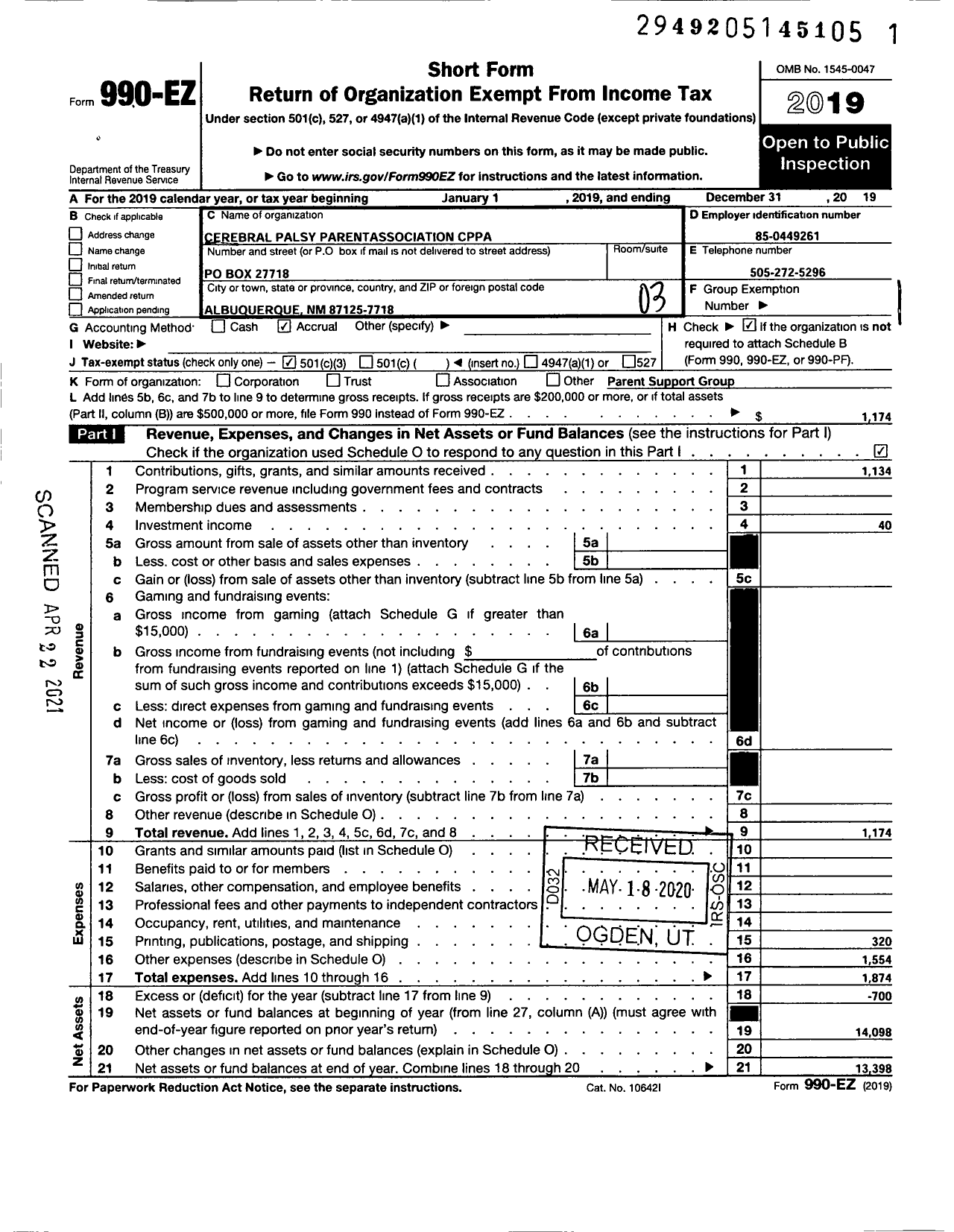 Image of first page of 2019 Form 990EZ for Cerebral Palsy Parent Association (CPPA)