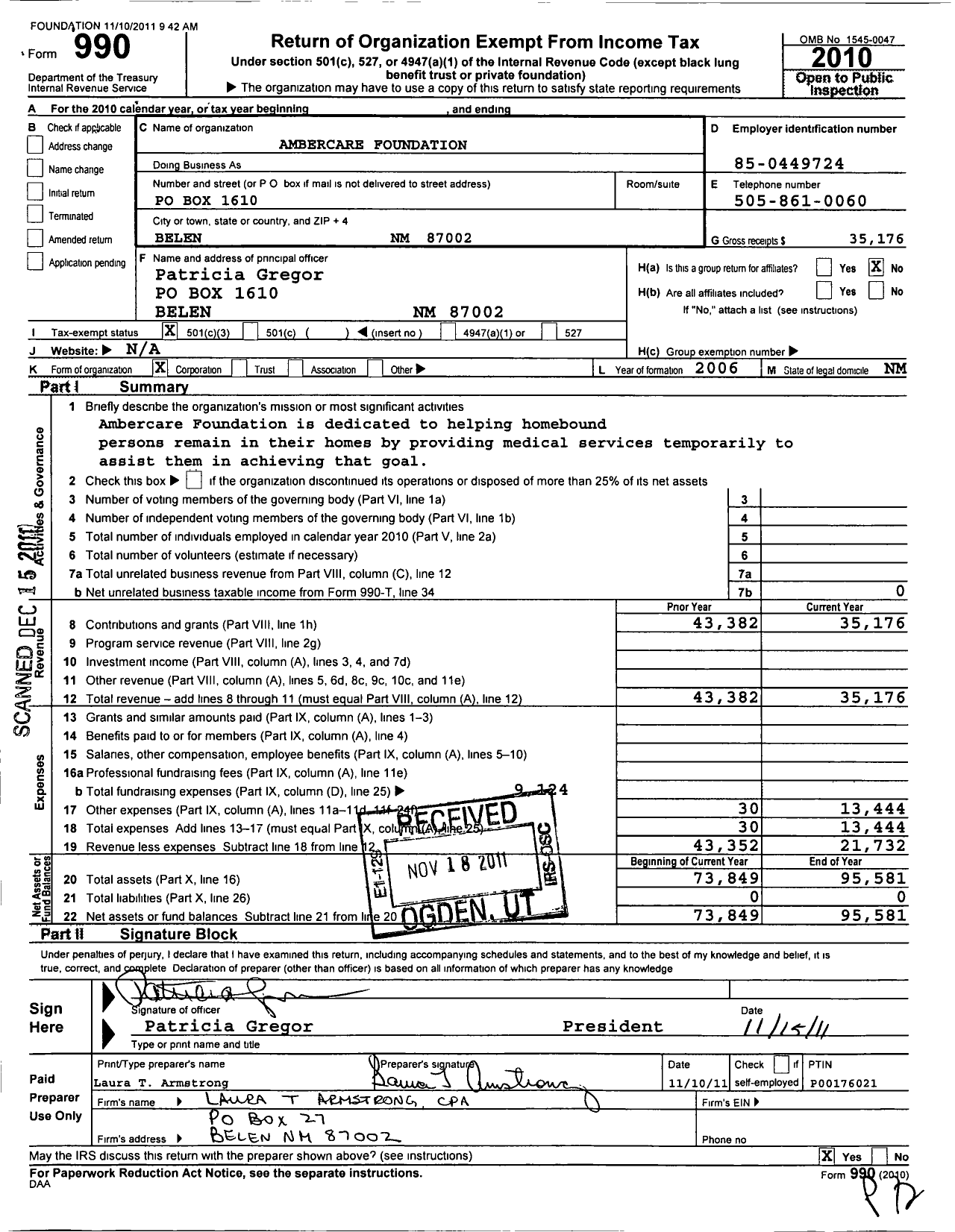 Image of first page of 2010 Form 990 for Amberhaven Foundation