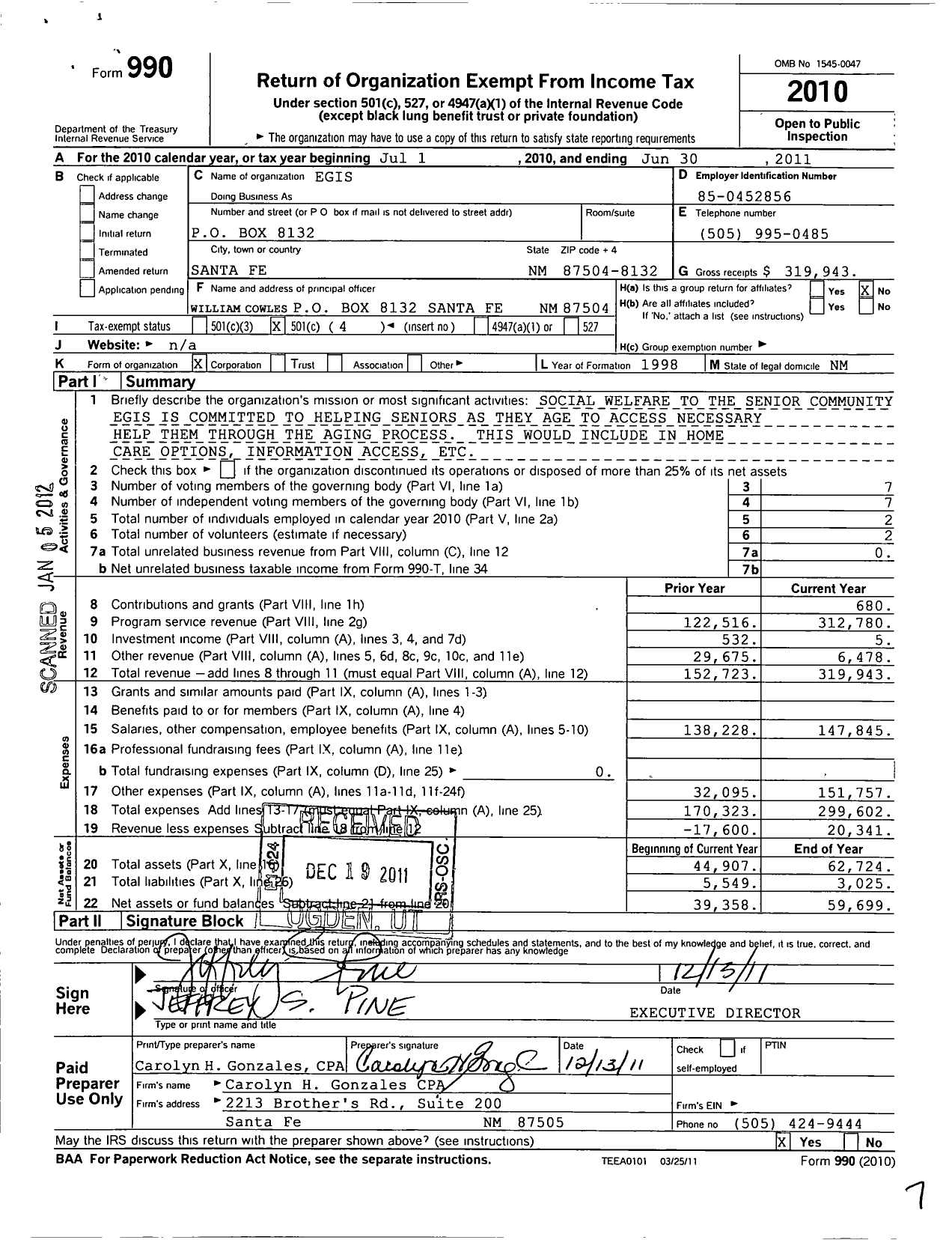 Image of first page of 2010 Form 990O for Egis