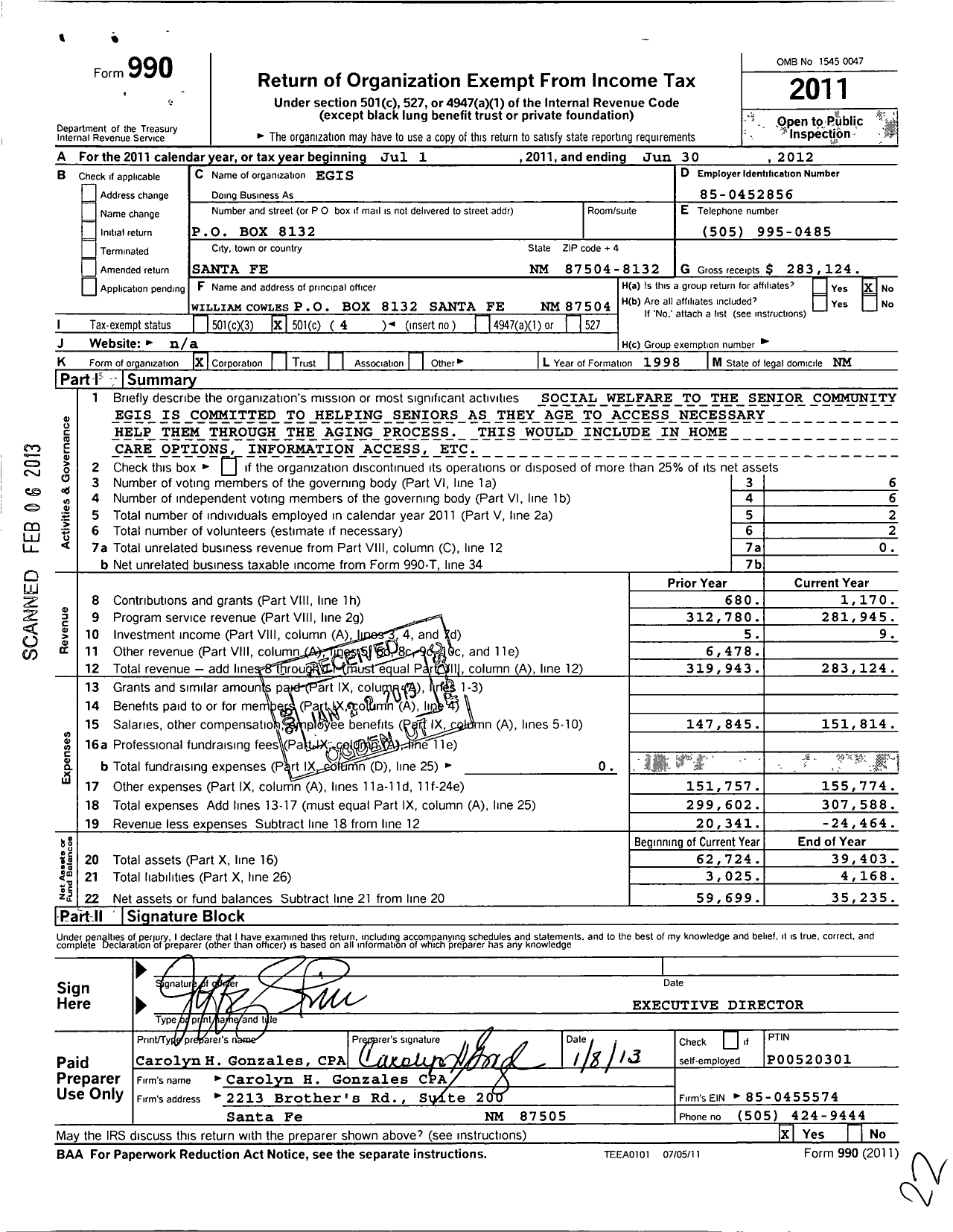 Image of first page of 2011 Form 990O for Egis