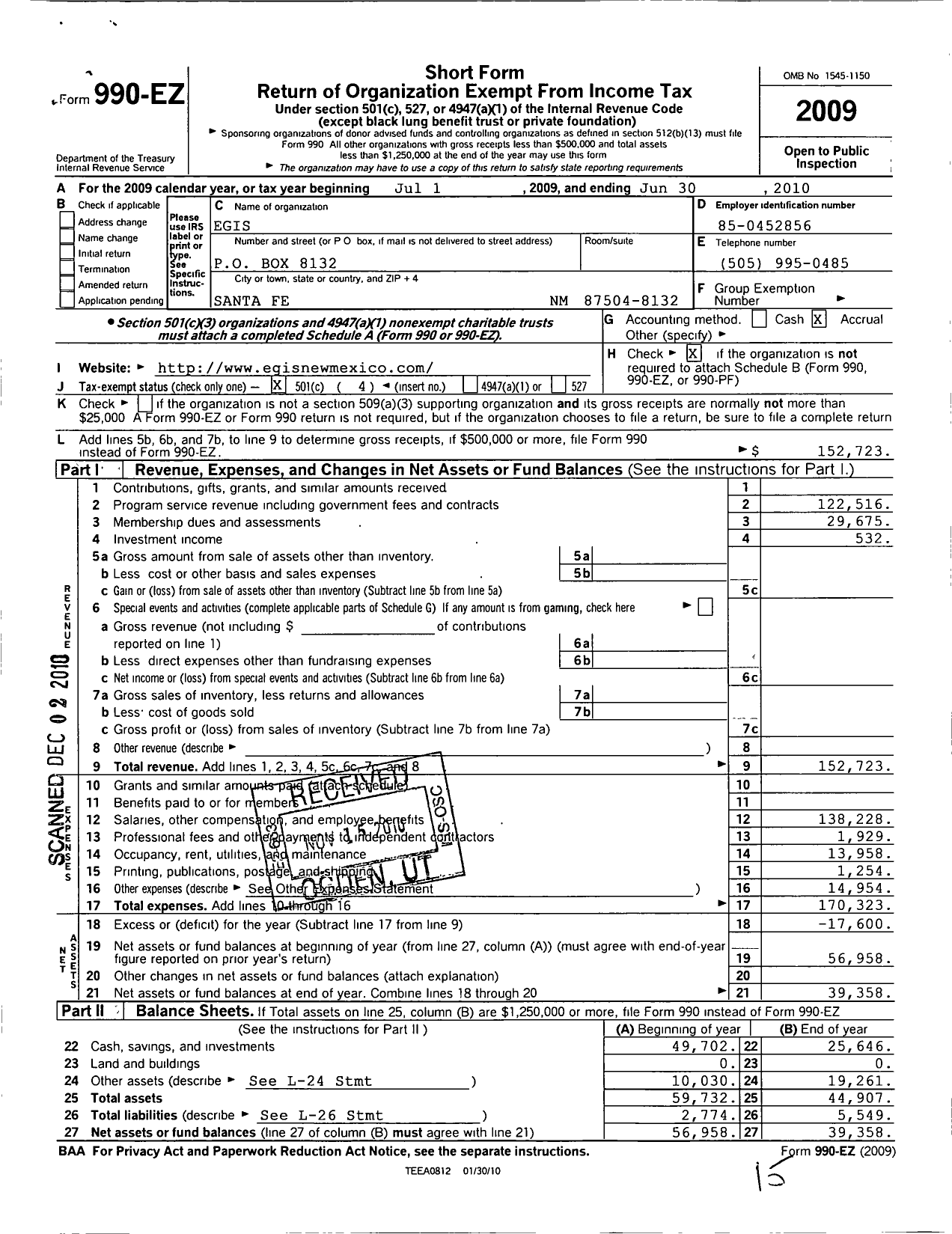 Image of first page of 2009 Form 990EO for Egis