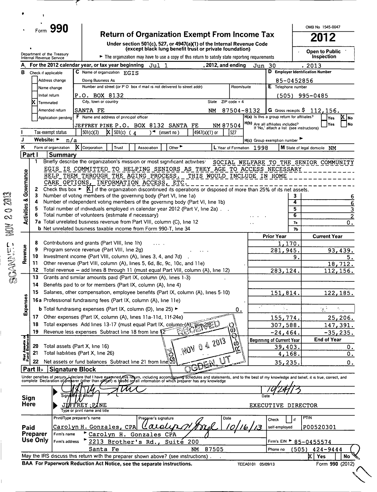 Image of first page of 2012 Form 990O for Egis