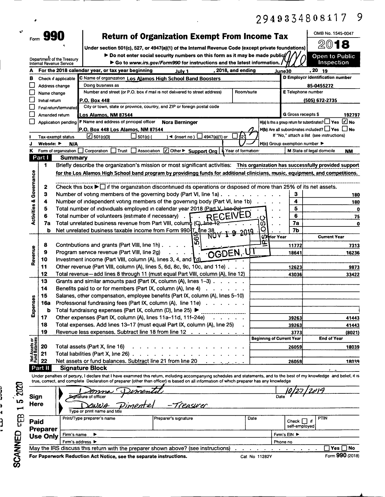 Image of first page of 2018 Form 990 for Los Alamos Band Boosters