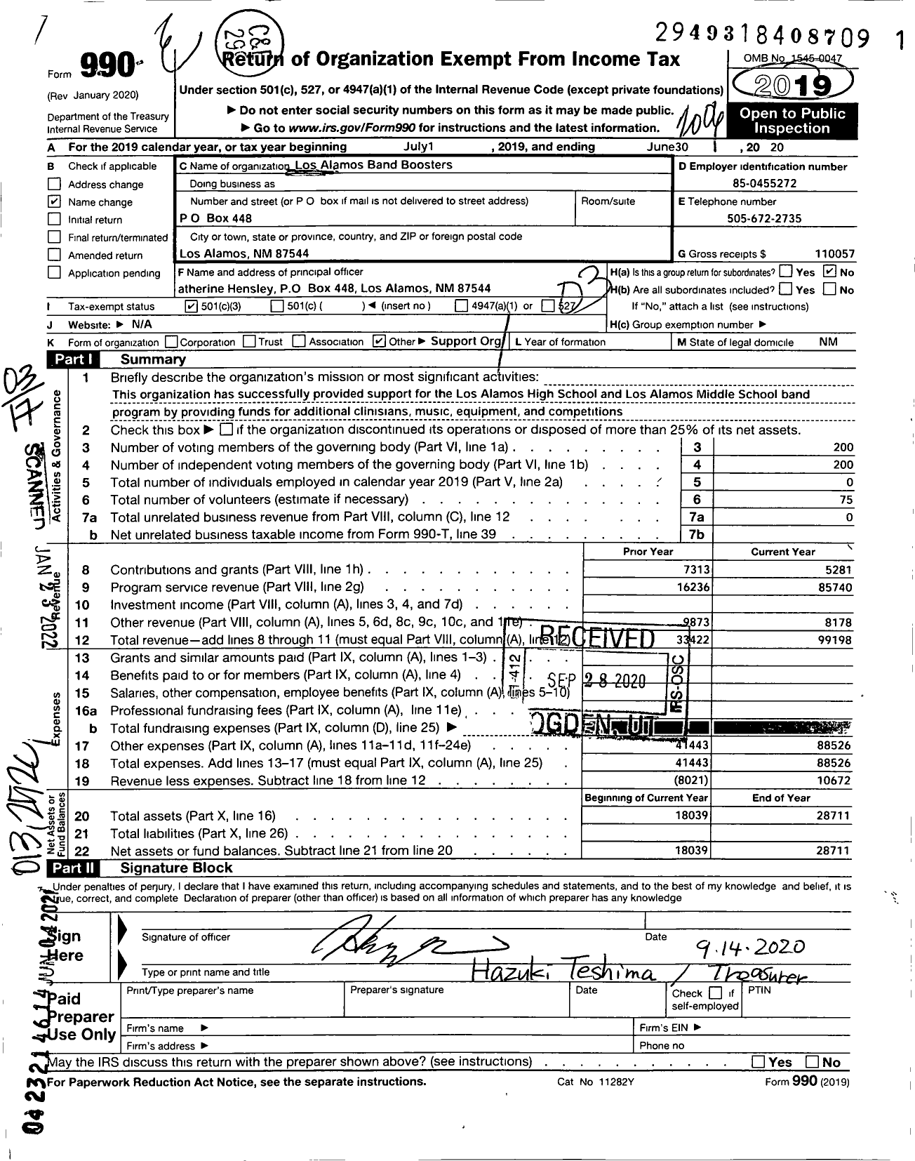 Image of first page of 2019 Form 990 for Los Alamos Band Boosters