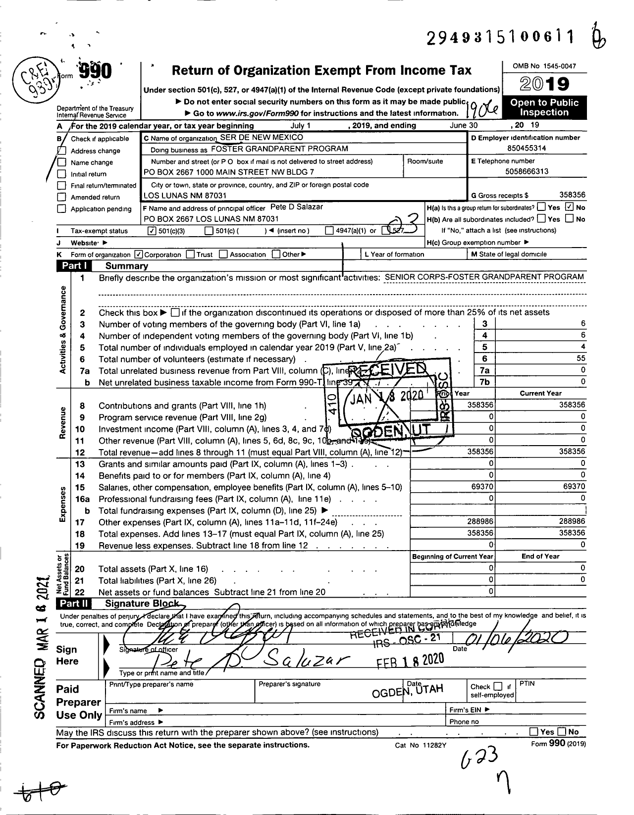 Image of first page of 2018 Form 990 for Foster Grandparent Program