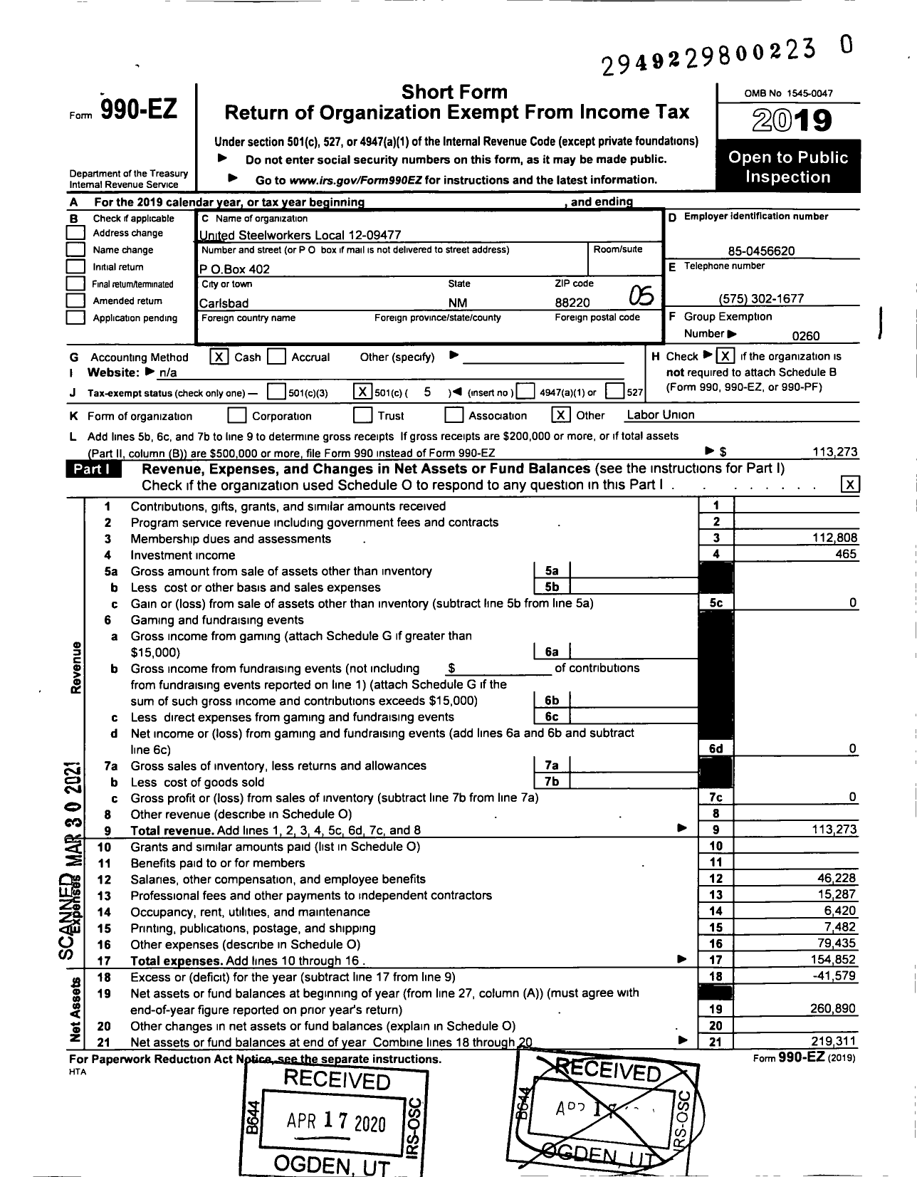 Image of first page of 2019 Form 990EO for United Steelworkers - 12-09477 Local