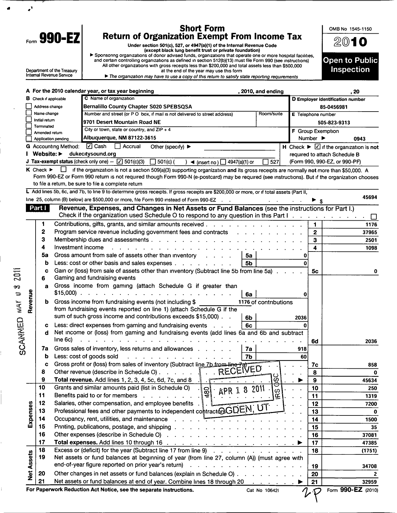 Image of first page of 2010 Form 990EZ for Barbershop Harmony Society - S020 Bernalillo County