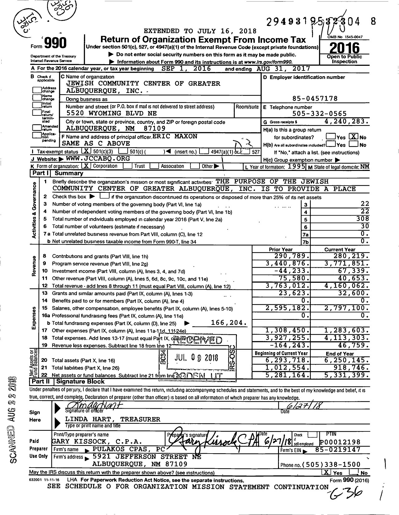 Image of first page of 2016 Form 990 for Jewish Community Center of Greater Albuquerque (JCC)
