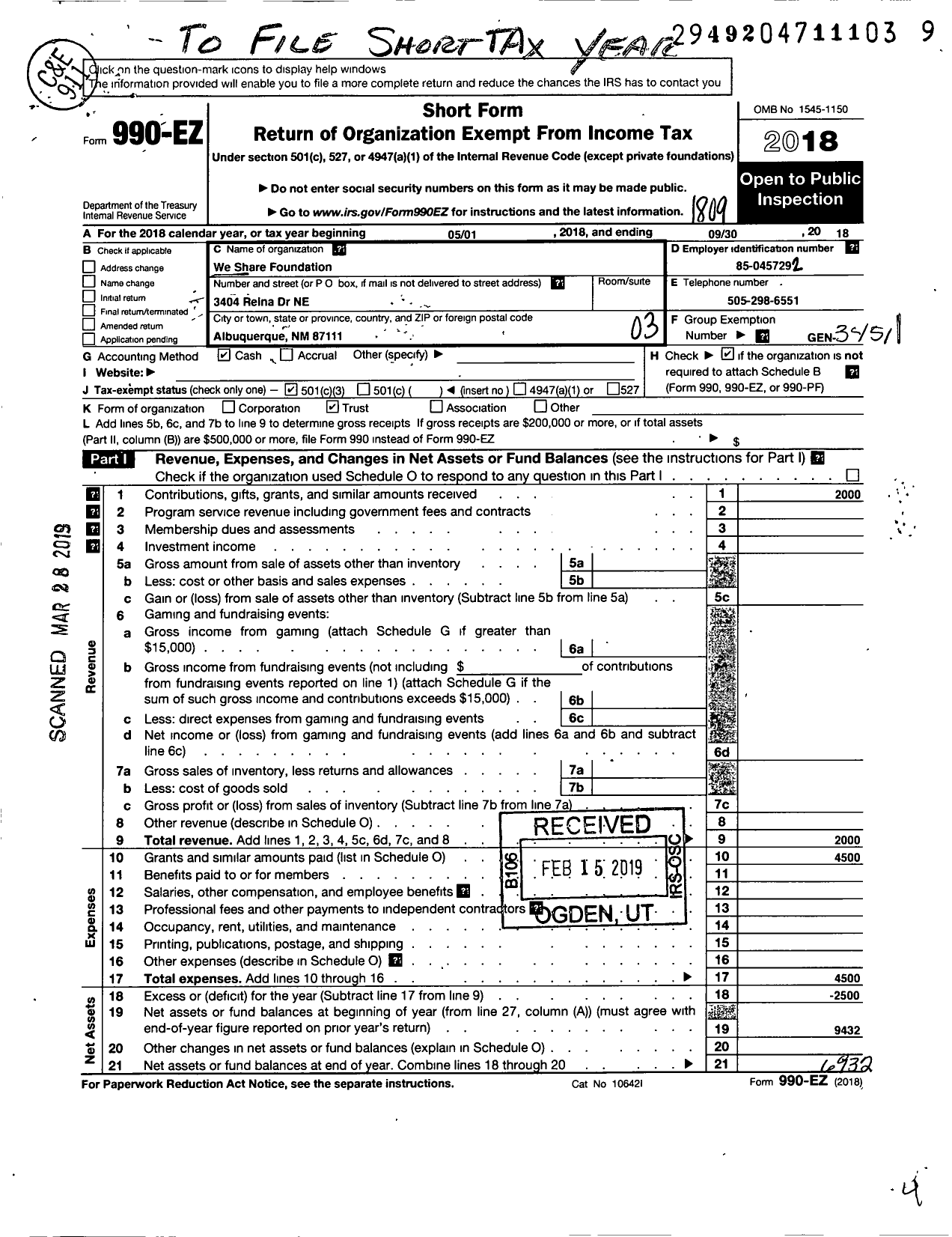 Image of first page of 2017 Form 990EZ for We Share Foundation / Albuquerque Charitable Trust