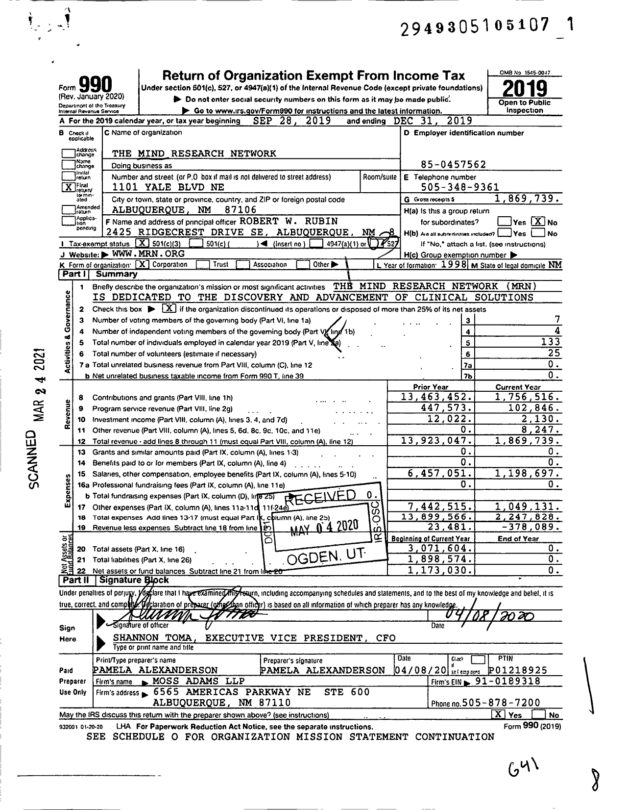 Image of first page of 2019 Form 990 for Mind Research Network (MRN)