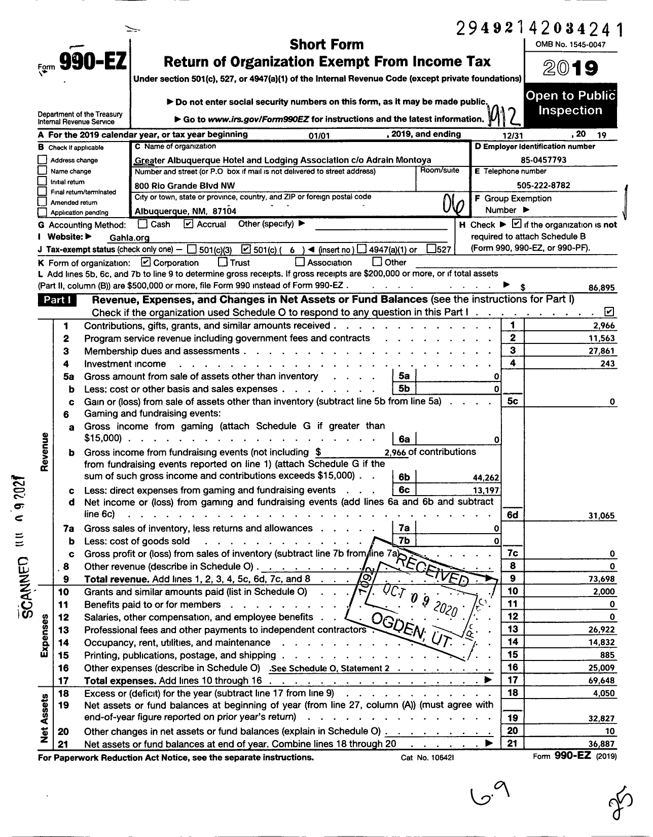 Image of first page of 2019 Form 990EO for Greater Albuquerque Innkeepers Association