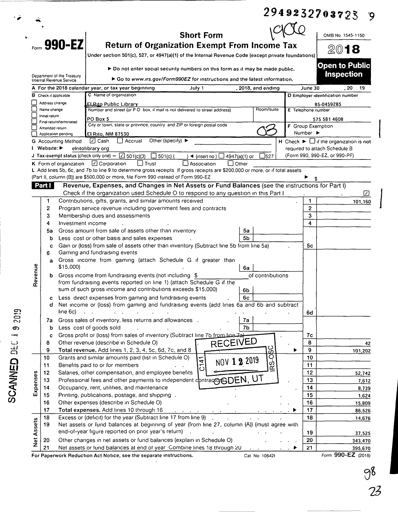 Image of first page of 2018 Form 990EZ for El Rito Public Library