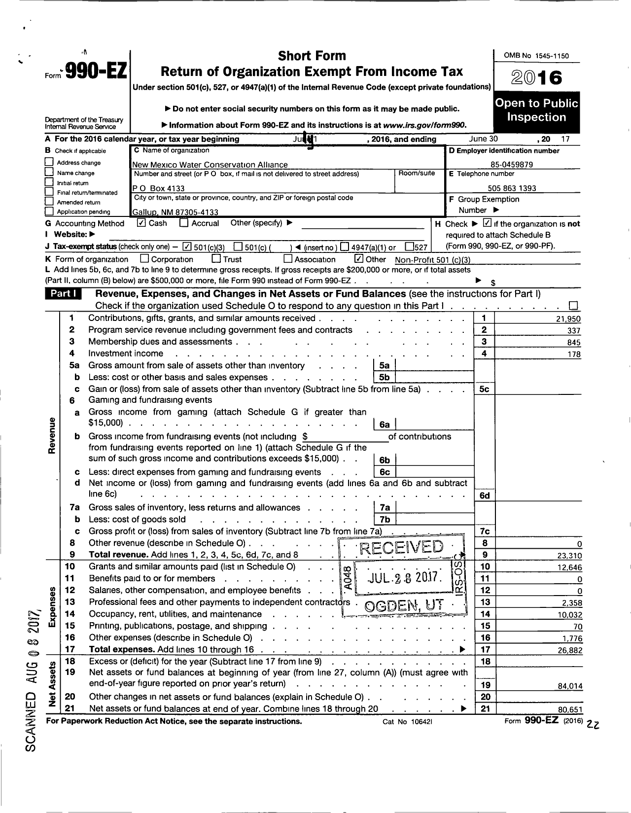 Image of first page of 2016 Form 990EZ for New Mexico Water Conservation Alliance