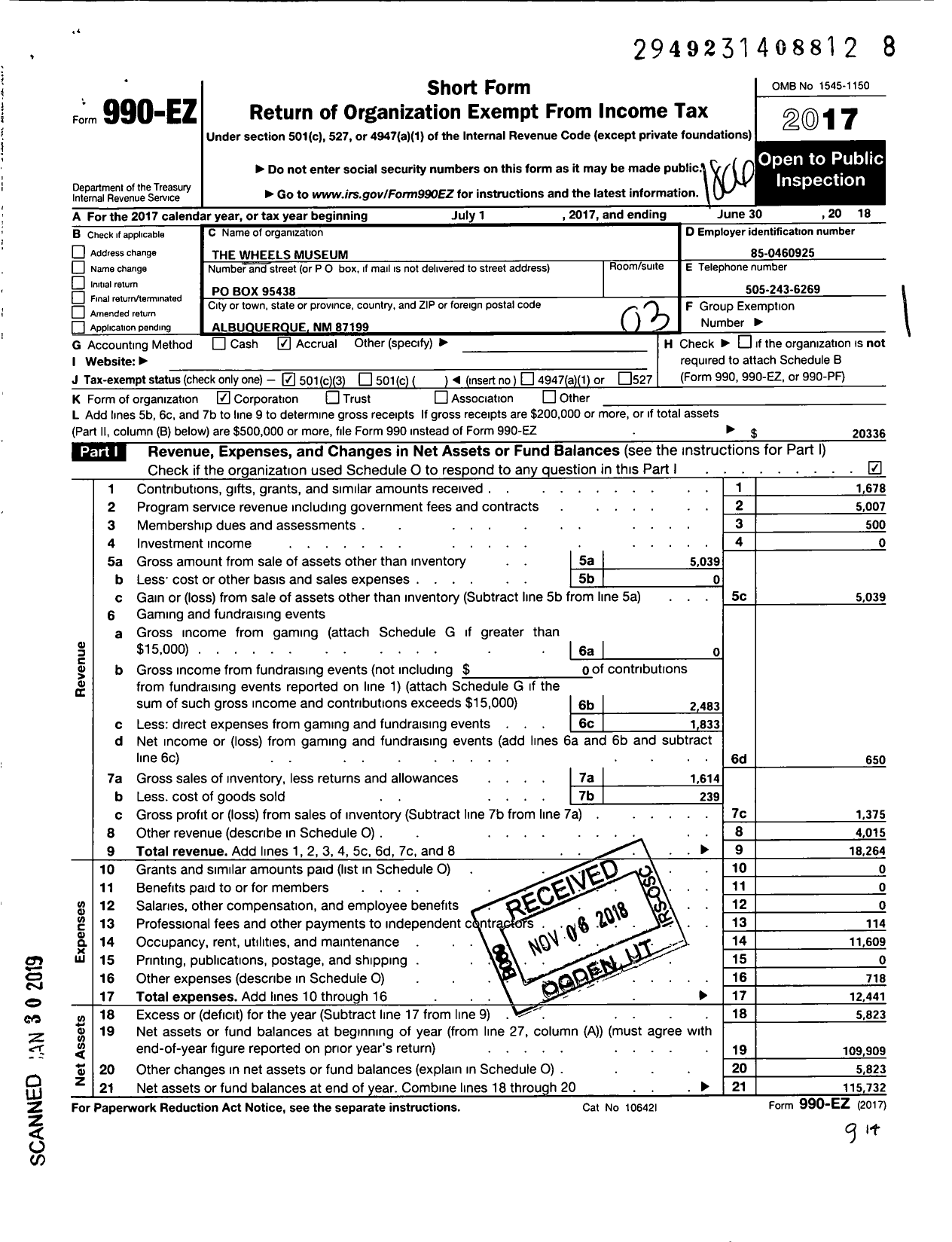 Image of first page of 2017 Form 990EZ for Wheeles Museum