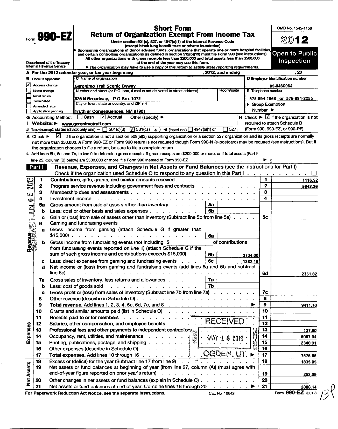 Image of first page of 2012 Form 990EO for Geronimo Trail Scenic Byway