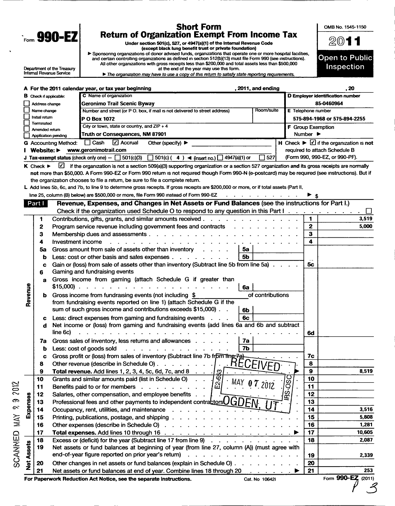 Image of first page of 2011 Form 990EO for Geronimo Trail Scenic Byway