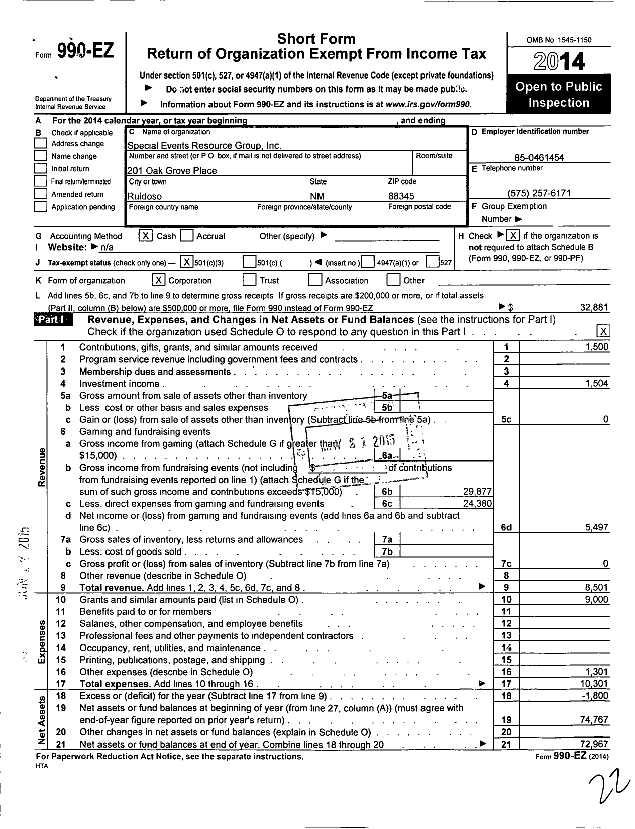 Image of first page of 2014 Form 990EZ for Special Events Resource Group