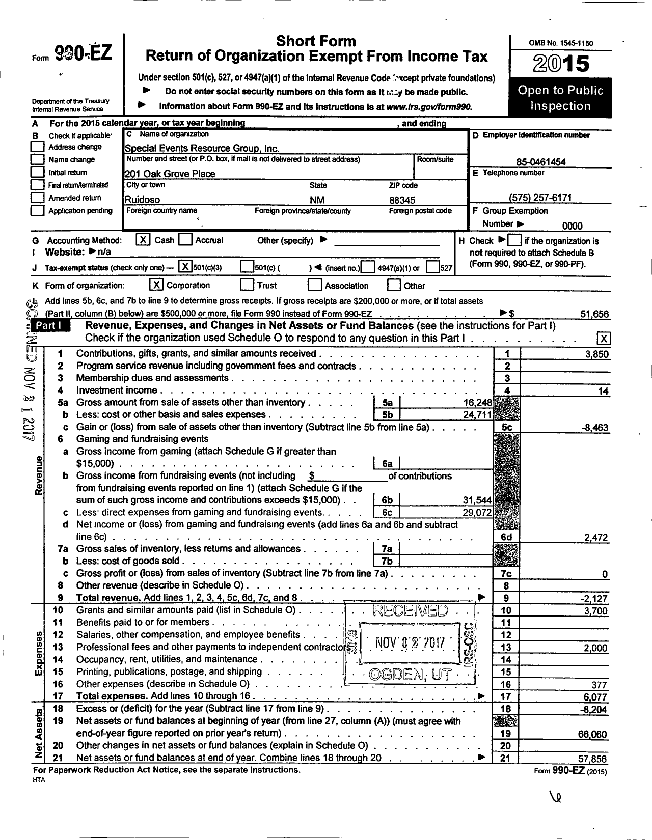 Image of first page of 2015 Form 990EZ for Special Events Resource Group