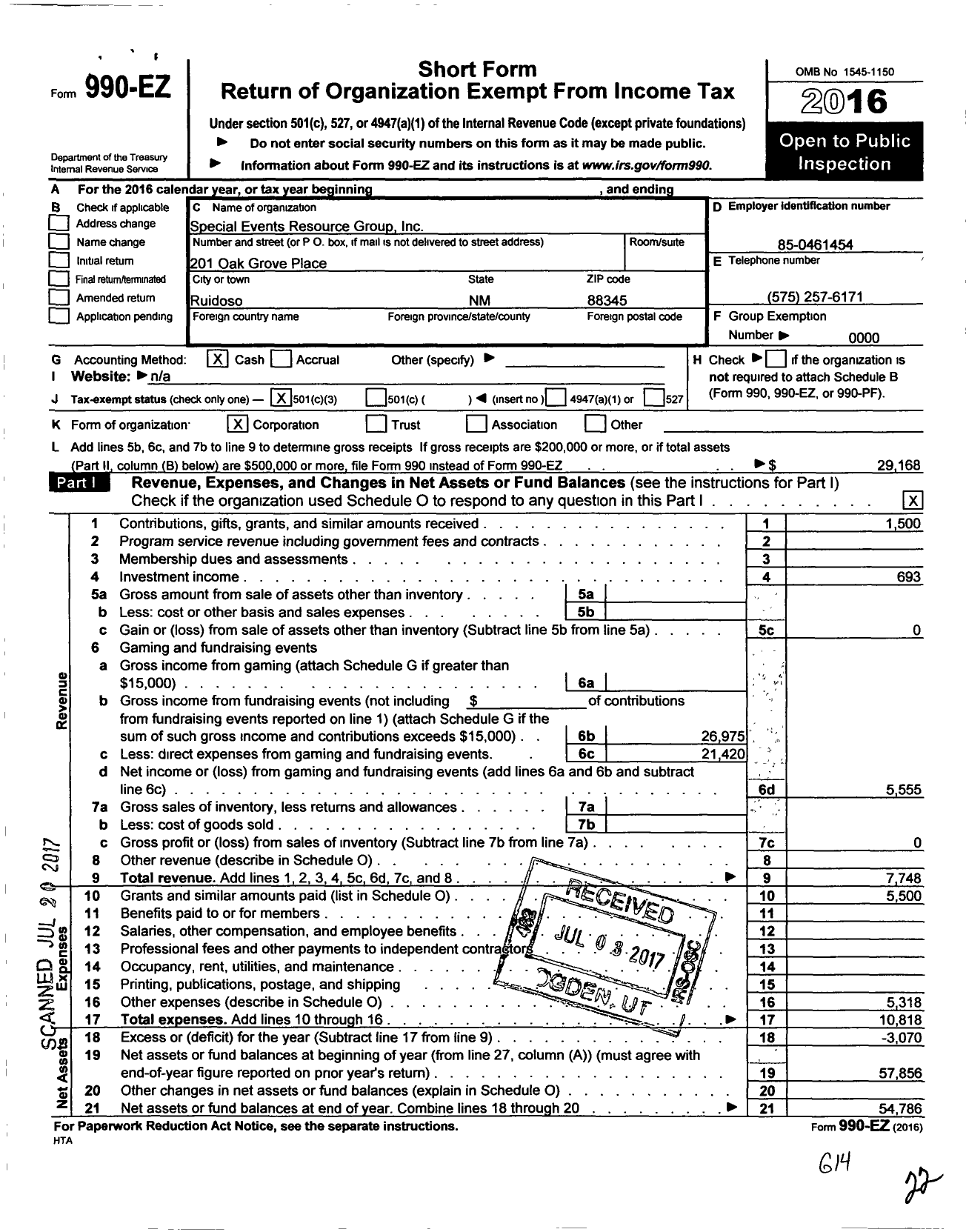 Image of first page of 2016 Form 990EZ for Special Events Resource Group