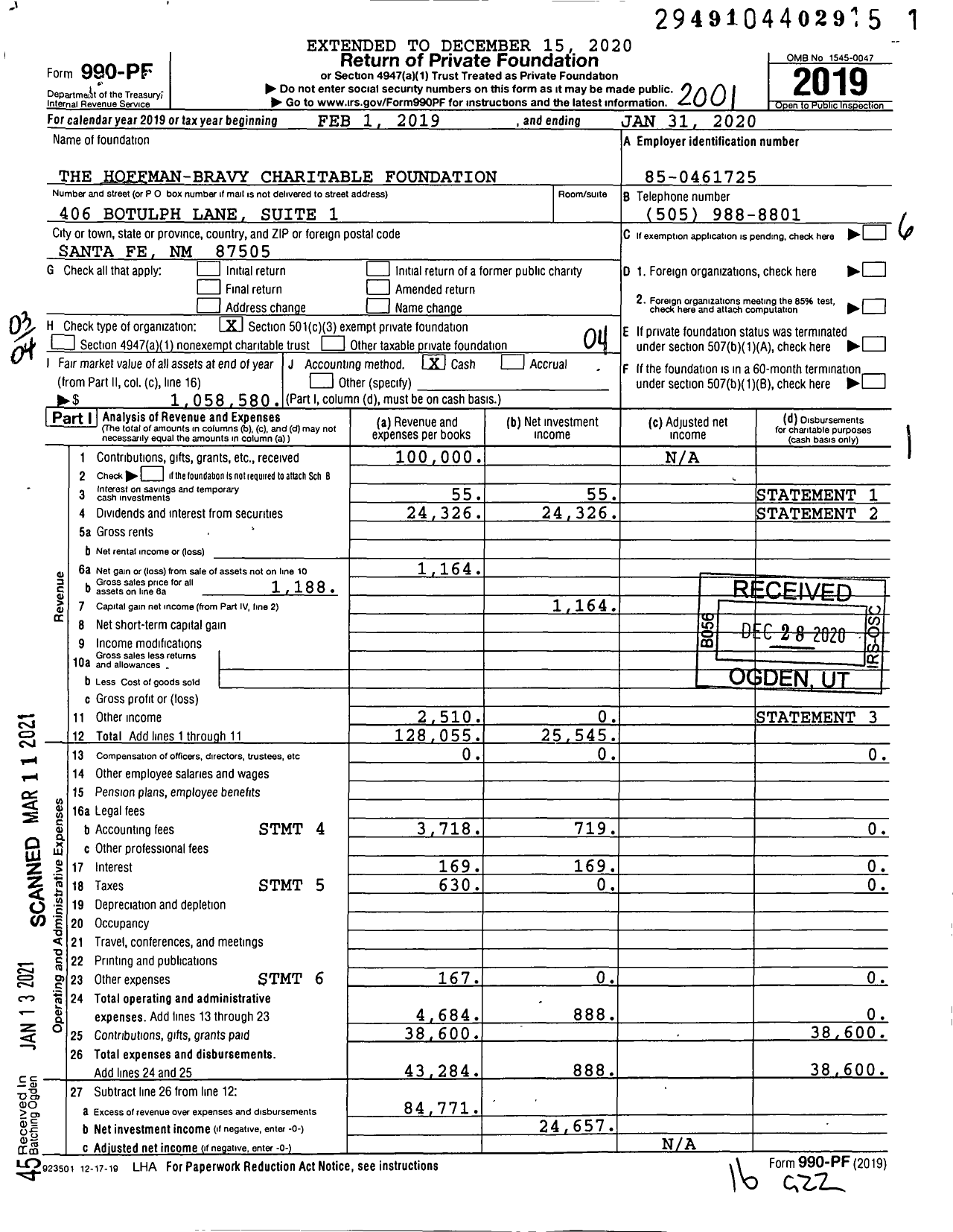Image of first page of 2019 Form 990PF for The Hoffman-Bravy Charitable Foundation