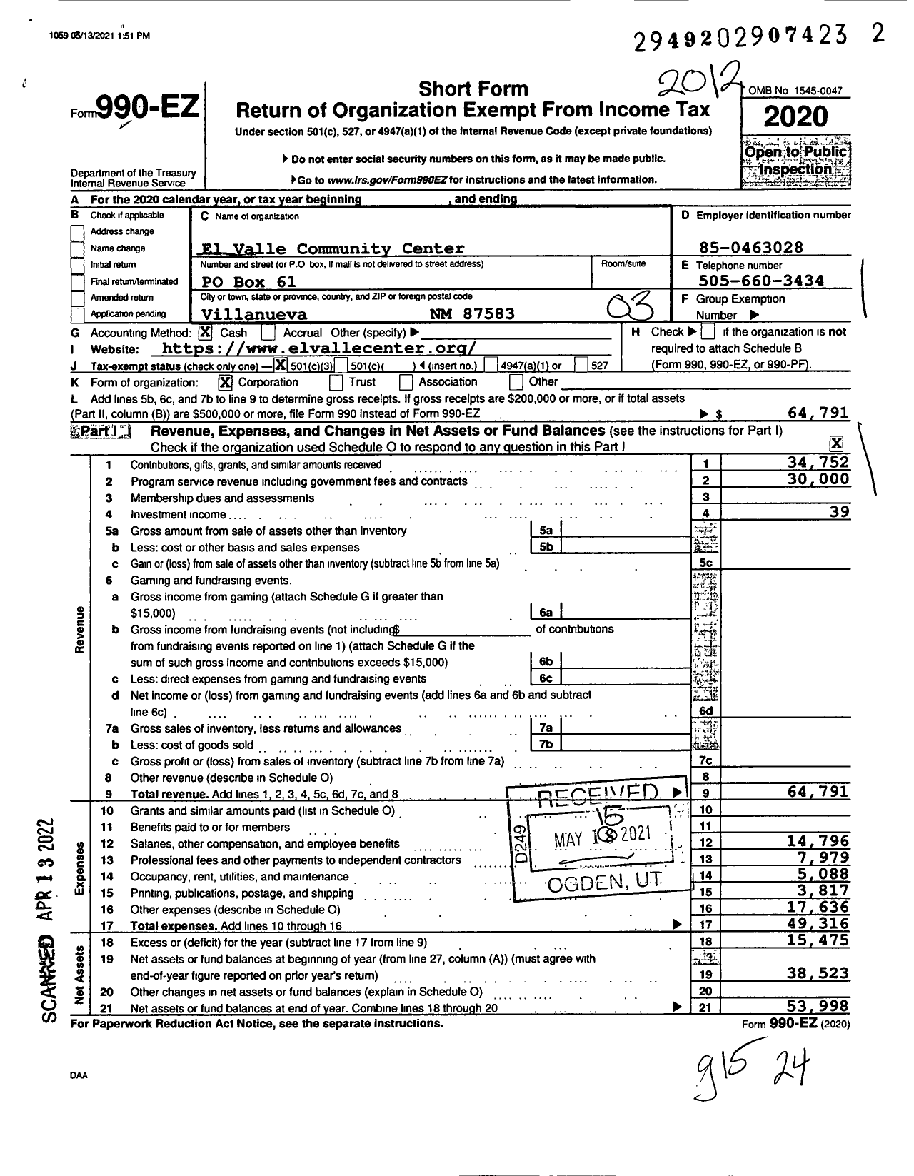 Image of first page of 2020 Form 990EZ for El Valle Community Center