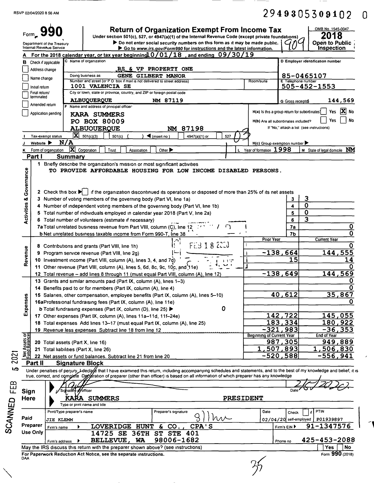 Image of first page of 2018 Form 990 for Gene Gilbert Manor