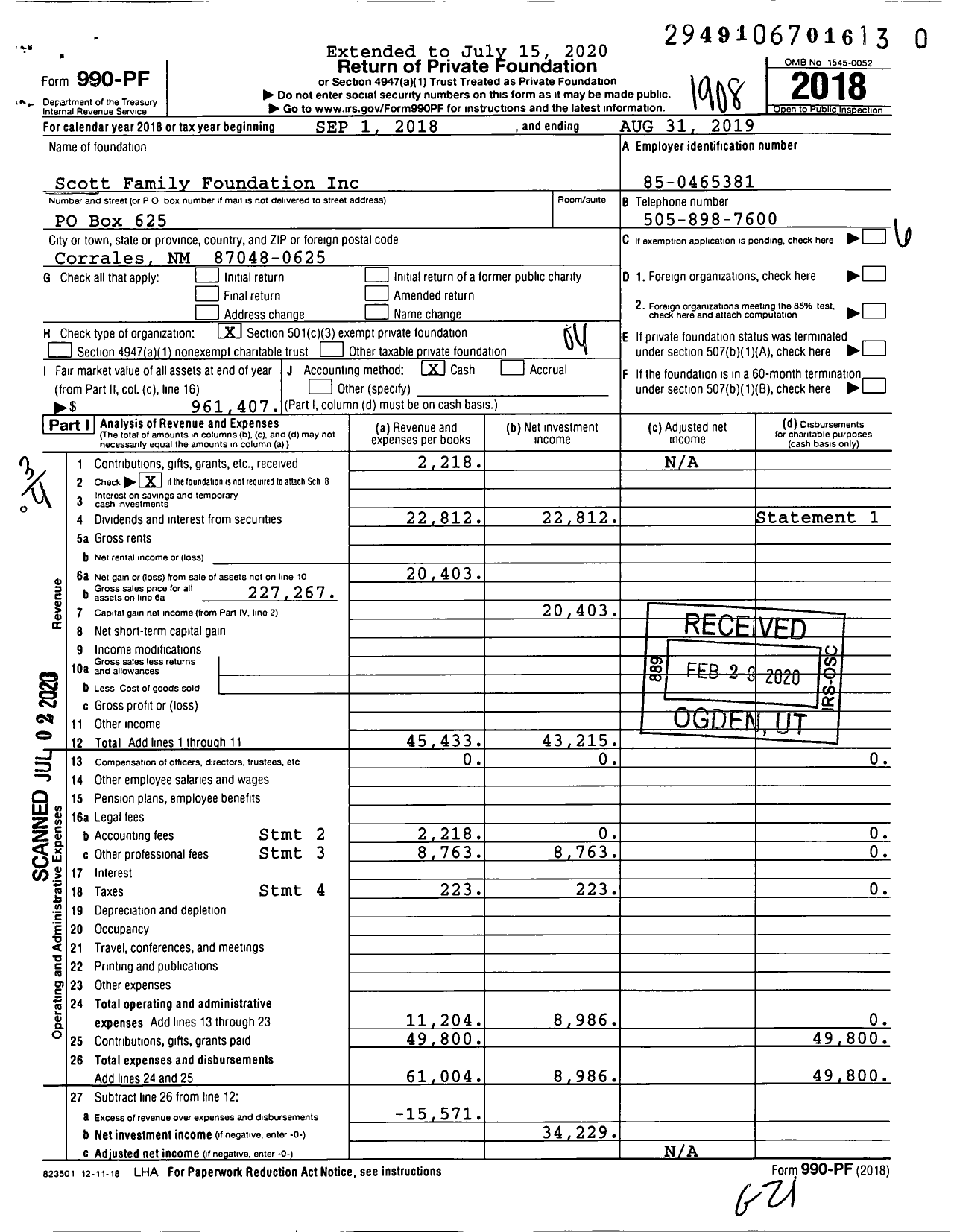 Image of first page of 2018 Form 990PR for Scott Family Foundation