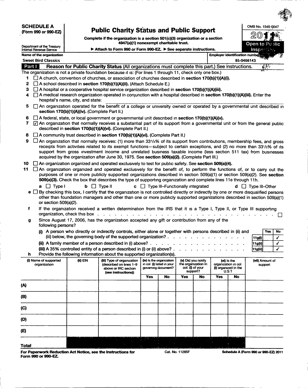 Image of first page of 2011 Form 990R for Sweet Bird Classics