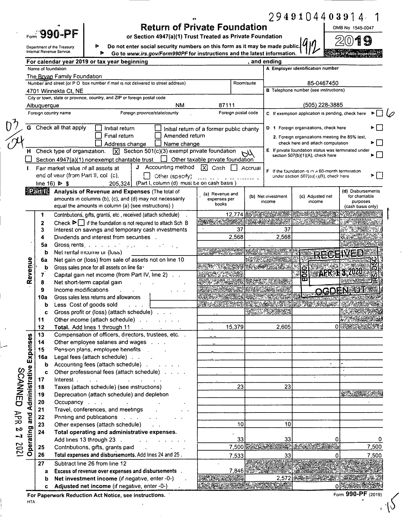 Image of first page of 2019 Form 990PF for The Bryan Family Foundation